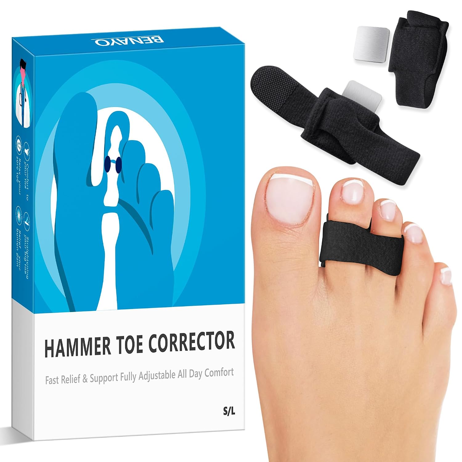 BENAYO 2Pcs Hammer Toe Straightener & Broken Toe Wraps - Adjustable Toe Splint with Removable Aluminum Support for Crooked Toes,Overlapping Toes-Men & Women. (Black, S:WOMEN(4.5-9)/MEM(5-8))