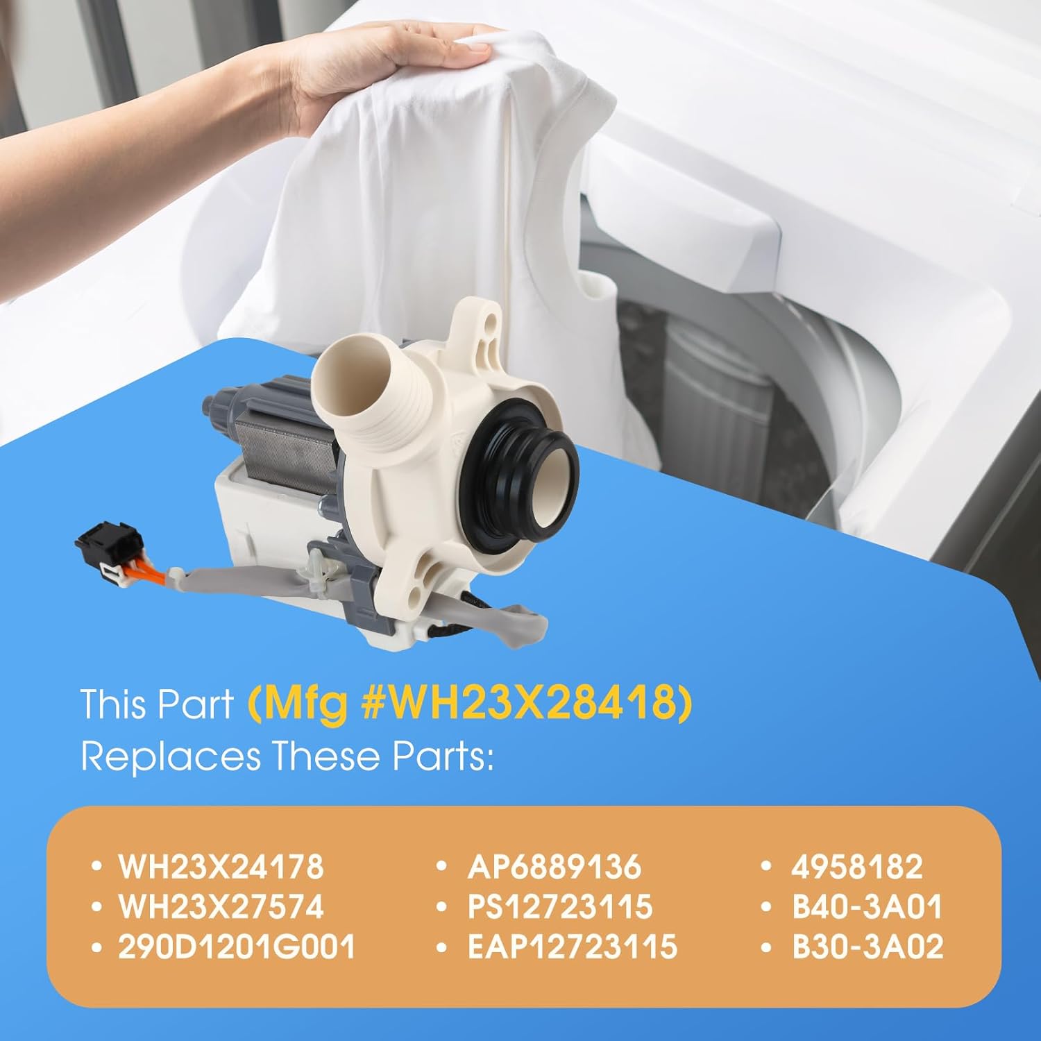OEM 290D1201G003 WH23X28418 Washer Drain Pump Assembly Compatible with GE Hotpoint, Replaces WH23X24178 WH23X27574 4958182 AP6889136 PS12723115 EAP12723115 290D1201G001 B40-3A01 B30-3A02