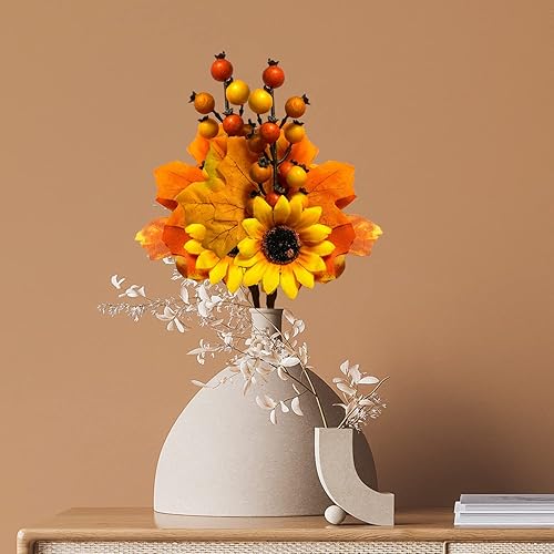 Miniatura 5 de Paquete de 6 tallos de otoño, púas de bayas artificiales con cono de pino, girasoles de calabaza, hojas de arce, ramas de decoración para cosecha,