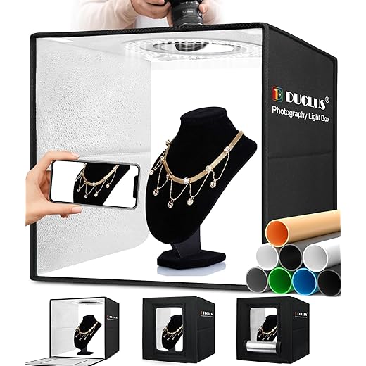 DUCLUS Fotobox 40x40 cm Faltbare Fotostudio, 5500K Dimmbare Lichtzelt Set mit 160 LED Beleuchtung und 8 Produktfotografie Hintergründe