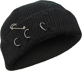 Distressed Fisherman Beanie with Piercings and Safety Pin   Goth Punk Short Knit Docker Cap Hat for Men and Women   Ribbed Distressed Beanie in Black or Grey, Alternative Streetwear Style