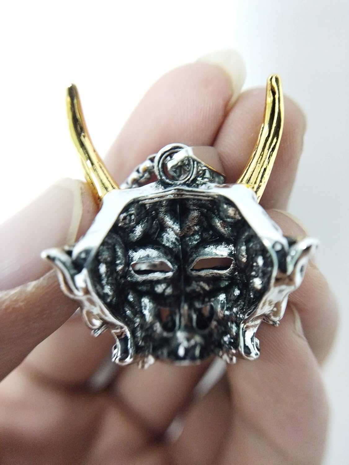 Japanese ghost warrior Prajna Rakshasa Horn Skull Pendant Necklace for Men Boys,Stainless Steel Cool Retro Vintage Punk Biker Cocktail Party Pendant Necklacce Jewelry Gift (golden horn) | 