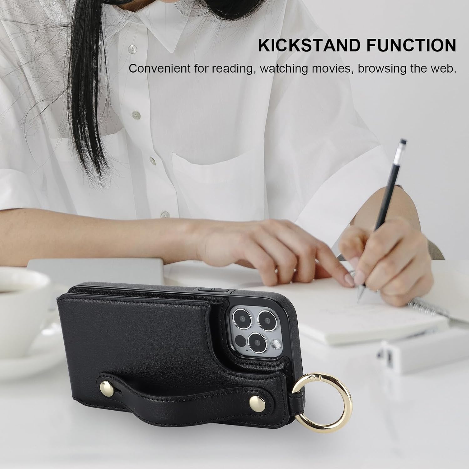 Folosu for iPhone 12/12 Pro Wallet Case with Card Holder, Hand Wrist Strap Loop Holder Kickstand, RFID Blocking Finger Grip Ring PU Leather Double Buttons Shockproof Cover 6.1" Black