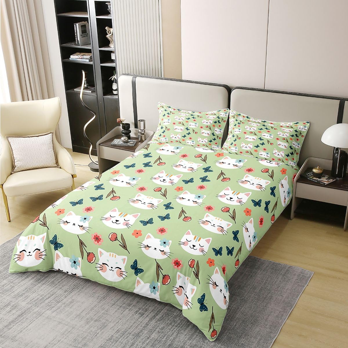 Feelyou Cute Girls Cats Duvet Cover 100% Cotton Breathable Soft King Size image 2