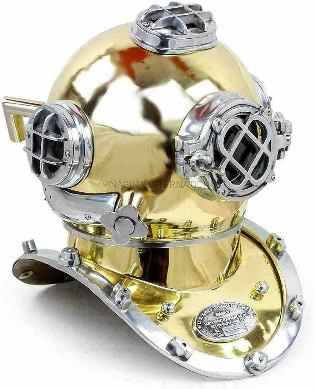 Generic Maritime Scuba Replica Shiny Brass & Silver Diving Helmet Authentic Vintage Style Standard Collectible for Home Décor Maritime Enthusiasts and Diving History Buffs, Large