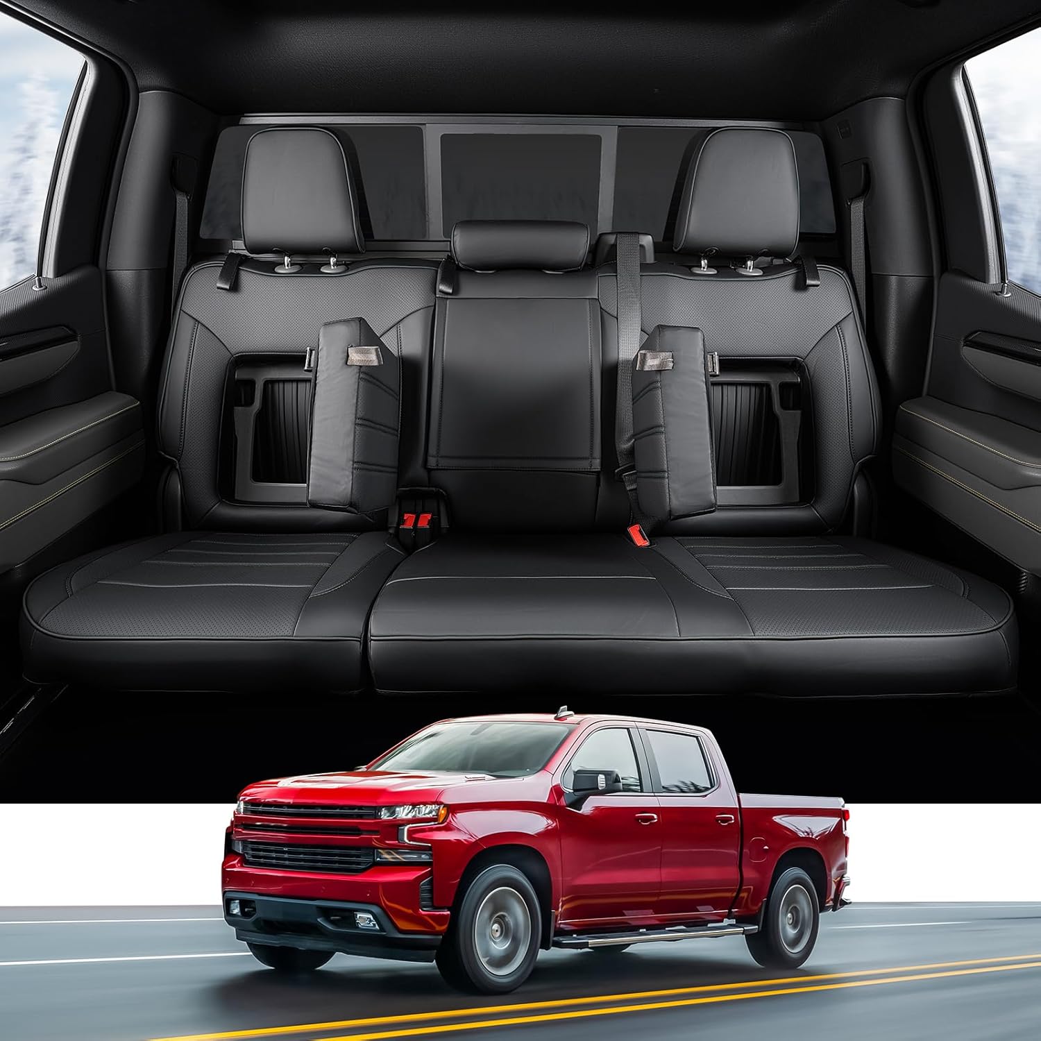DiffCar® for Chevy Silverado GMC Sierra Seat Covers: 2019-2026 Crew Cab (Only Fit with Rear Seatback Storage), PU Leather Full Set Truck Accessories Custom 1500 2500HD 3500HD Car Pickup, Black