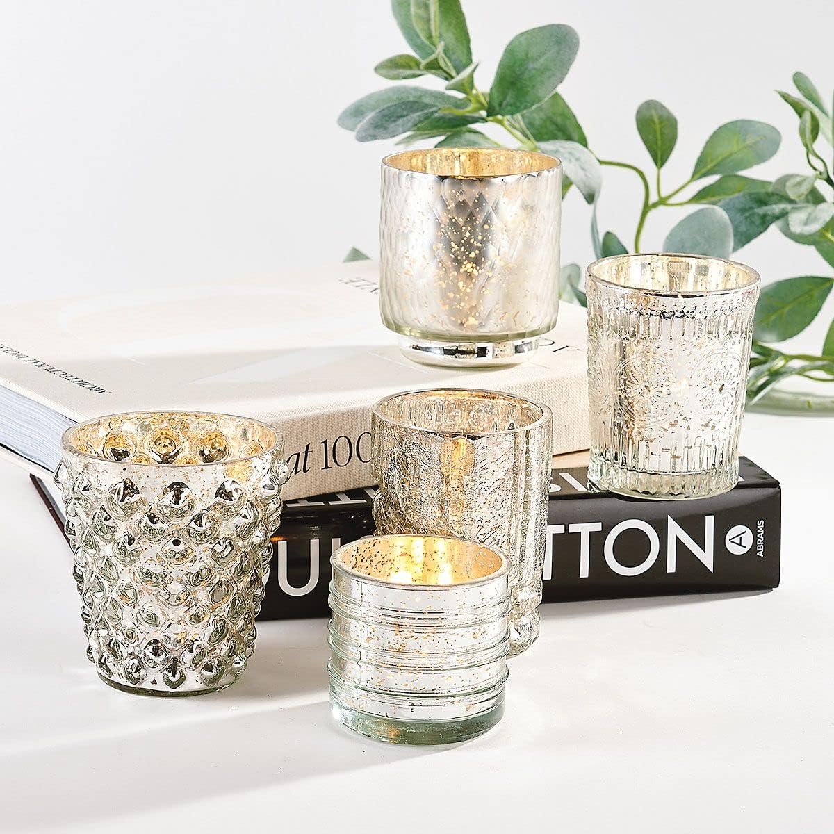 Luxe Mercury Glass Votive Candle Holders - Set of Five Tea Candle Jars