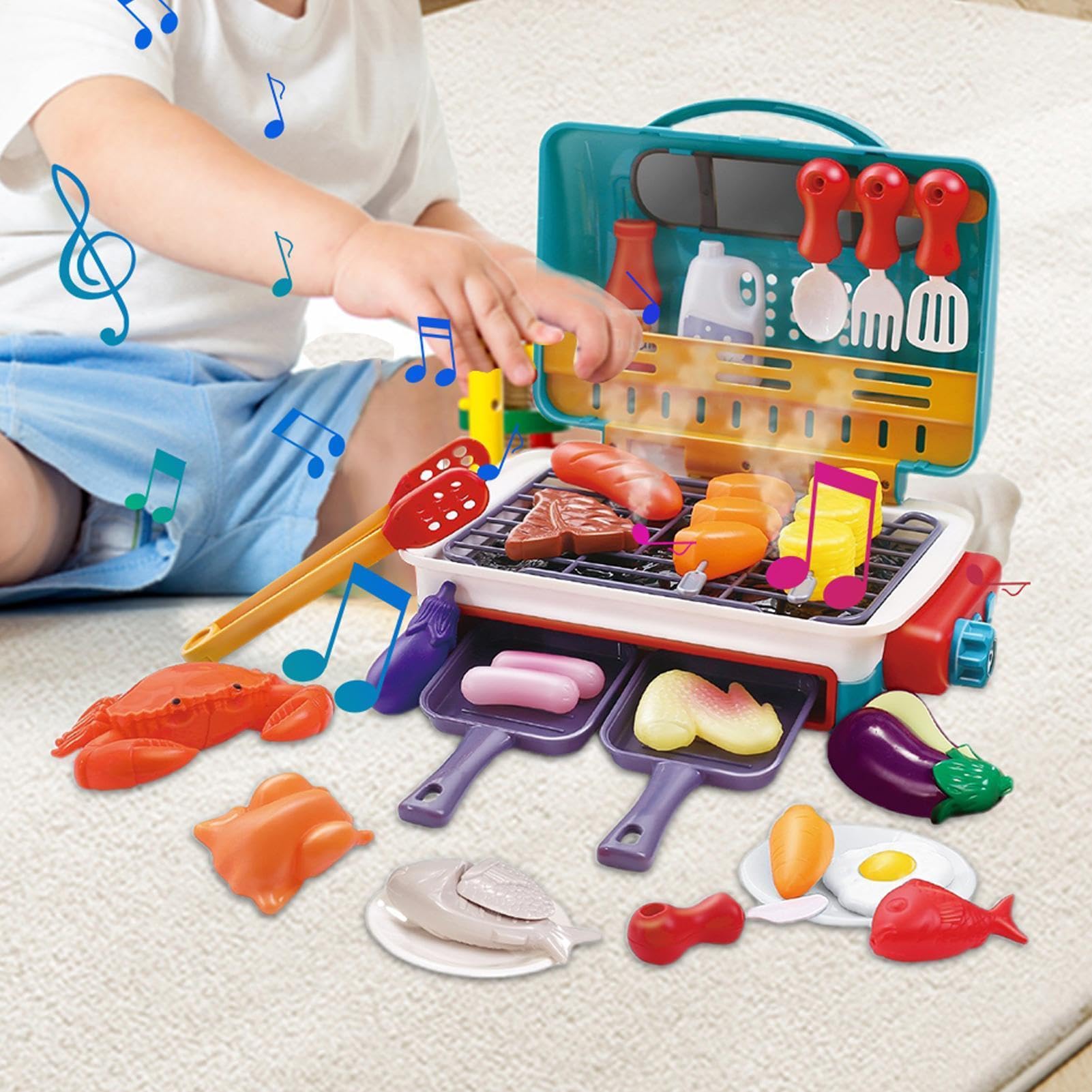 Barbecue Giocattolo Per Bambini Cucina – Set Grill Simulazione con Vapore Suono E Cibo Che Cambia Colore | Piccole Attrezzature Chef Gioco Simbolico