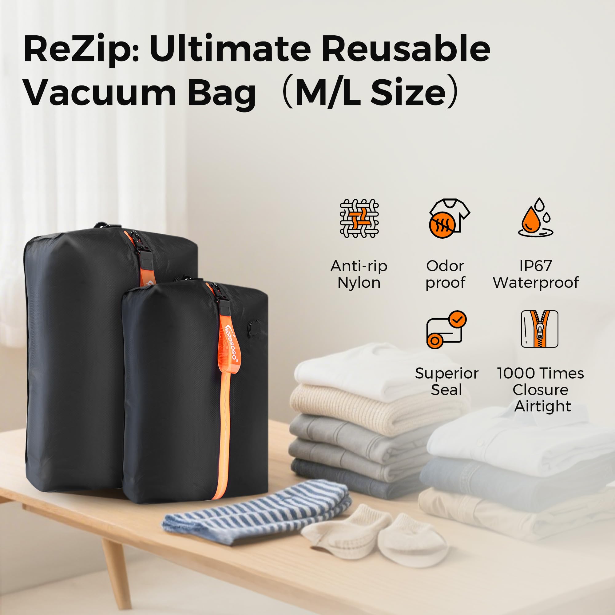 Aerogogo ReZip Vakuumbeutel für Reisegepäck, wiederverwendbare Kompressionsbeutel, Vakuumversiegelung, Verpackungswürfel für Stoffverpackungen (groß)
