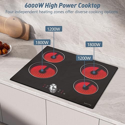 Miniatura 3 de Noxton Estufa eléctrica de 24 pulgadas, control de perilla de 4 quemadores, estufa eléctrica de cerámica radiante integrada, indicador de calor