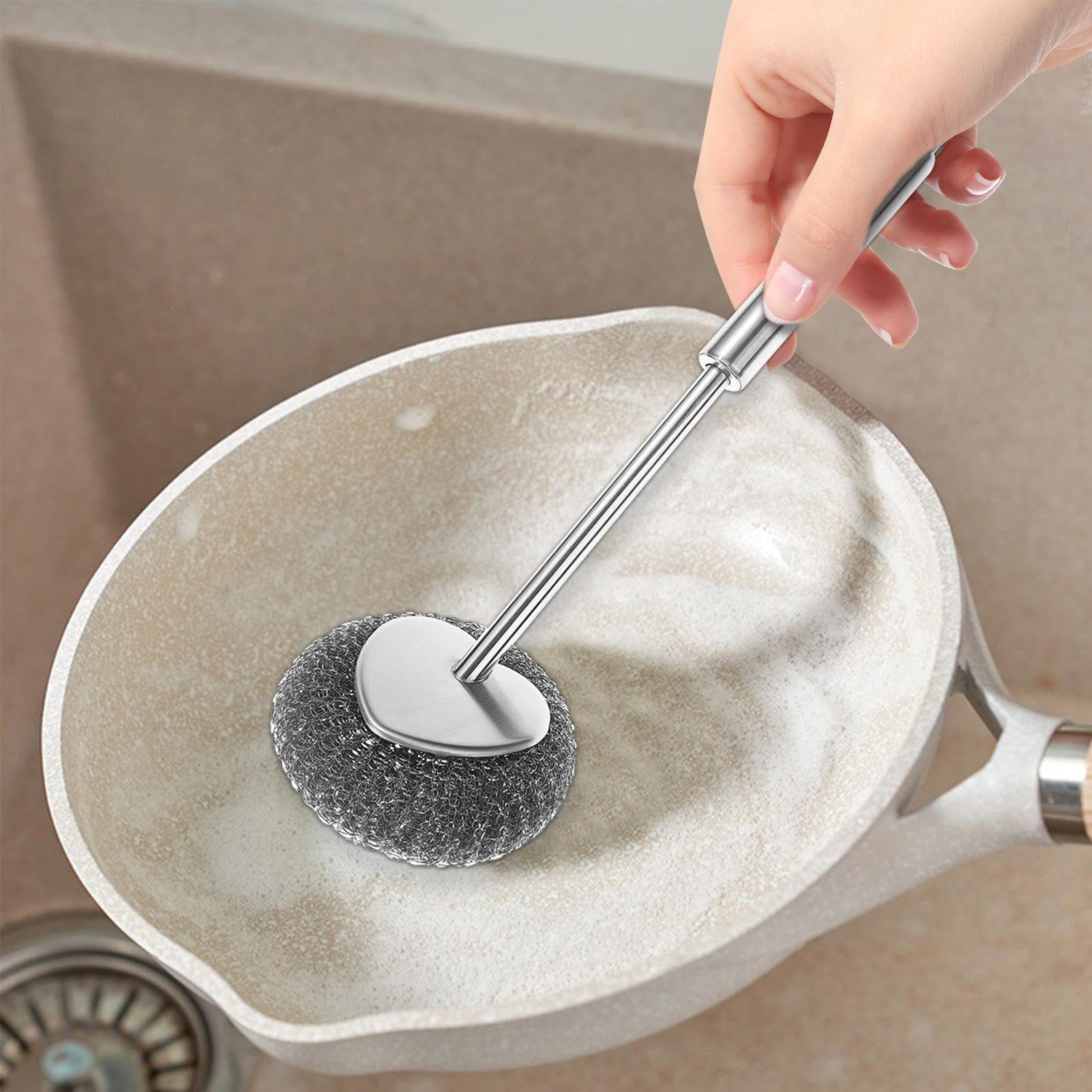 Stainless Steel Scrubber with Handle - 12.8x3.74 Inches Dish Scrubber Brush - Dishwashing Wire Ball Brush for Bowls, Plates, Pots Cookware, Grills, and Ovens