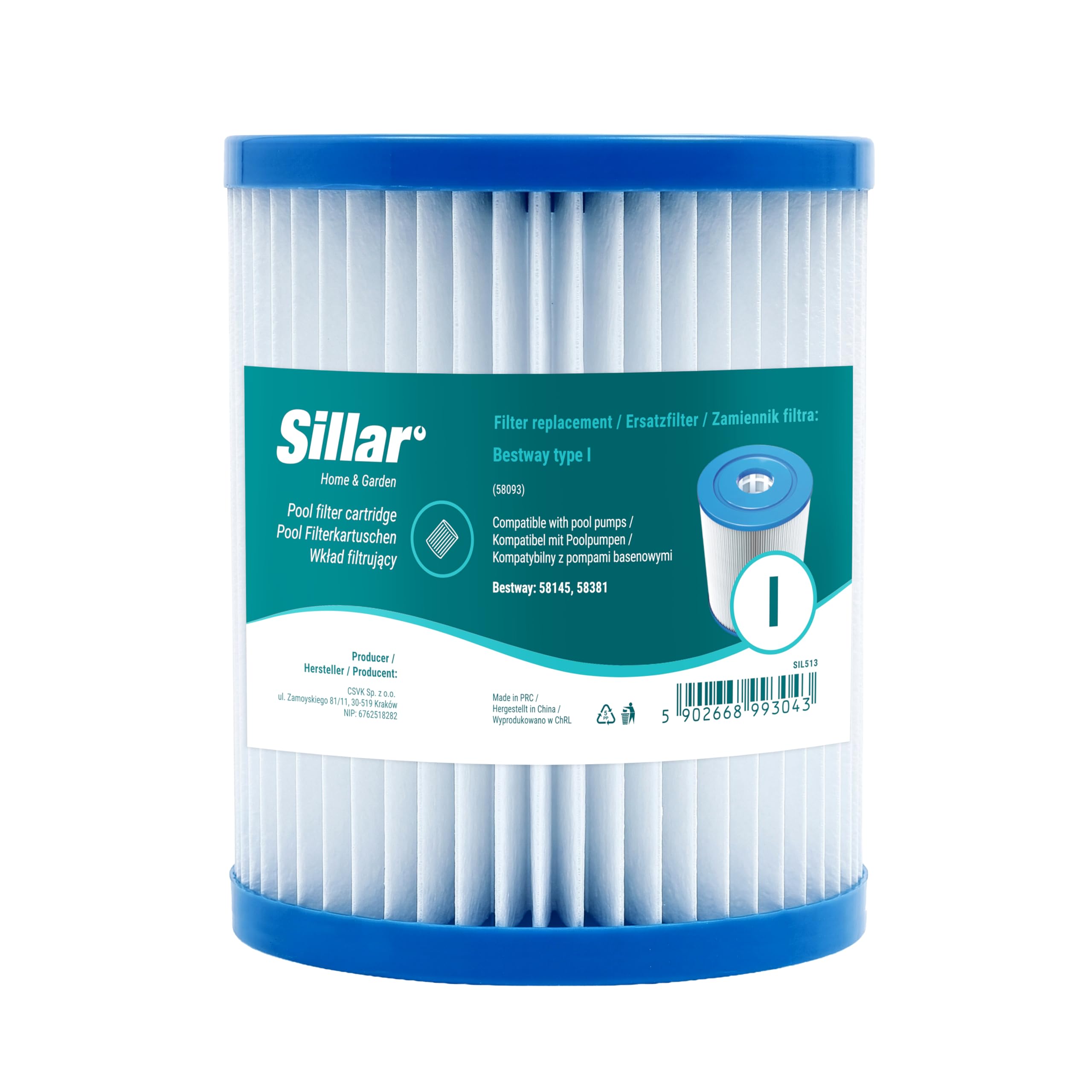 Sillar Cartucho de Filtro reemplazo para Bestway tamaño 1, Tipo I, Cartucho para Limpieza de Piscinas, Modelo 58093, 6 Unidades