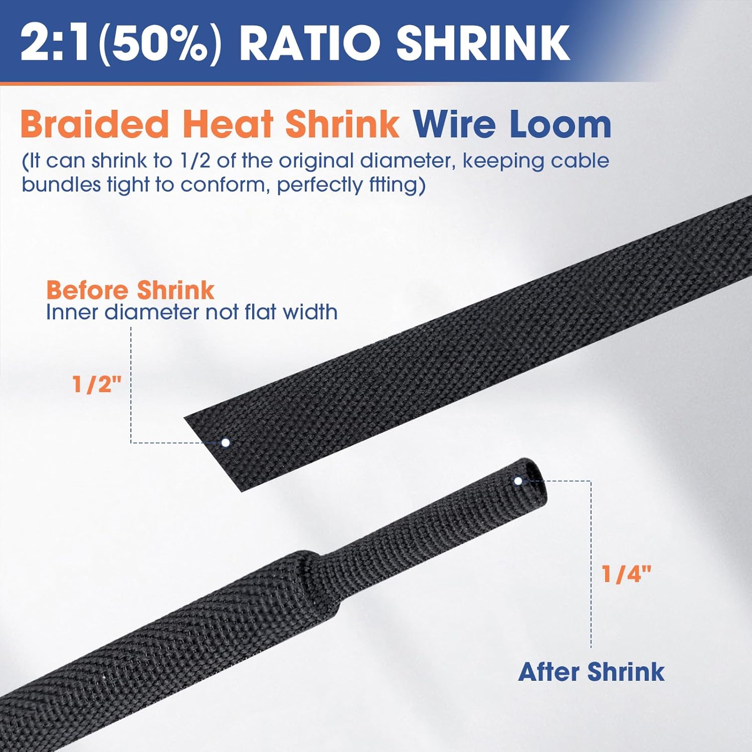 2:1 Heat shrinkable Braided Sleeving Fabric Wire Loom High Temp Heat Shrink Wiring Harness Abrasion Protector Cable Sleeve(1/2"-15ft)