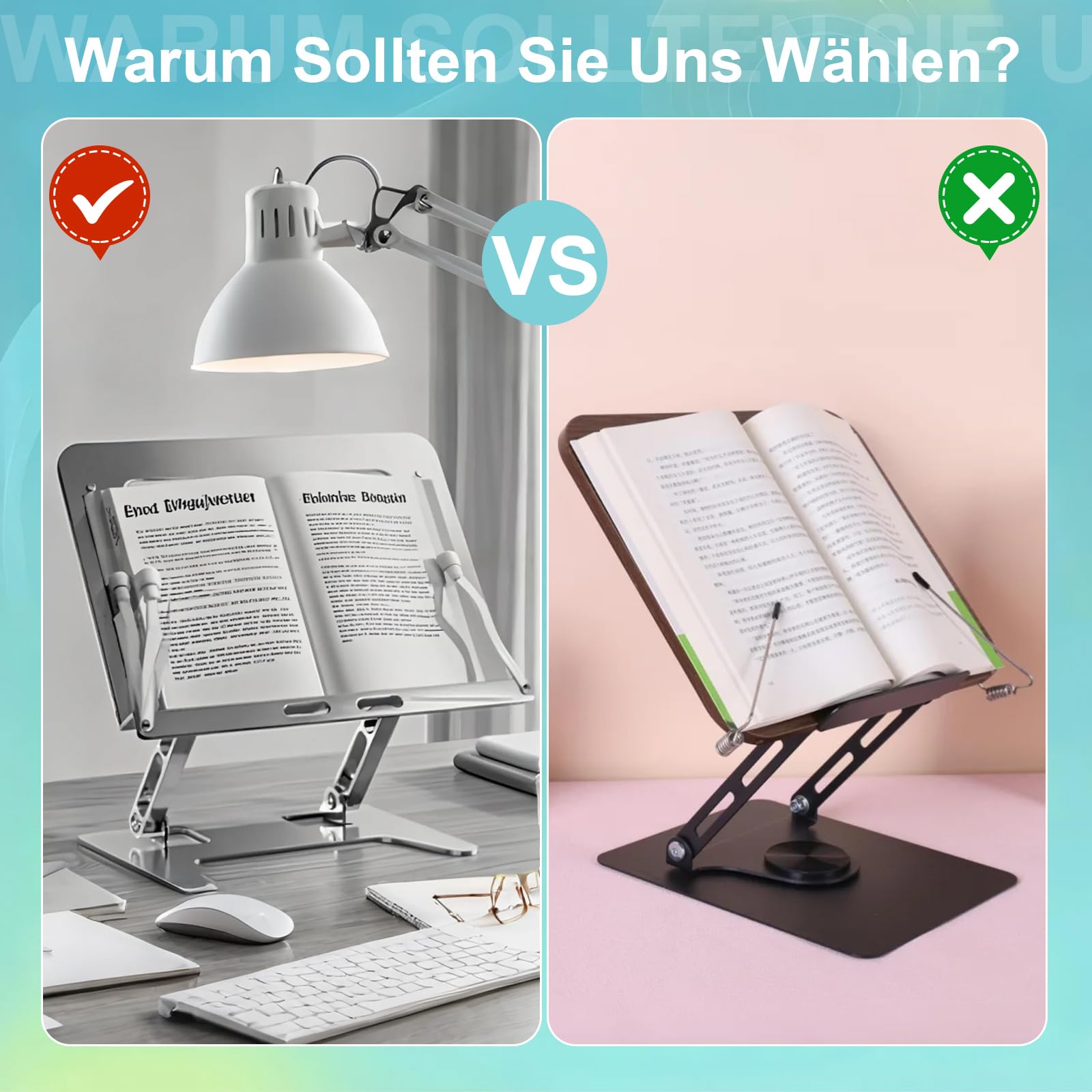 Buchständer Holz Mit 360° Drehbare Basis, Verstellbarer Buchhalter Leseständer Mit Klappbar Und Tragbar,Kochbuchhalter Mit Seitenclip, Leicht Für Büro, Küche, Schule, Lehrbuch, Zeitschrift, Tablet