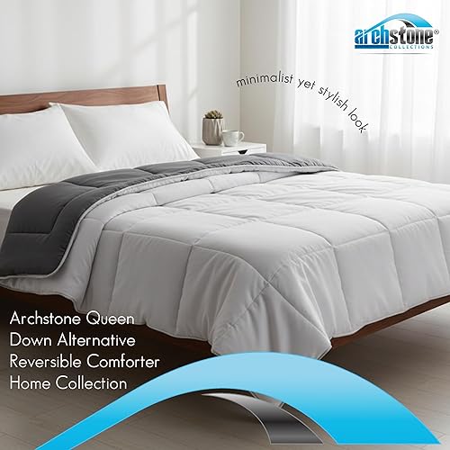 Miniatura 4 de Edredón reversible de plumón sintético Queen, 100% poliéster, gris y blanco