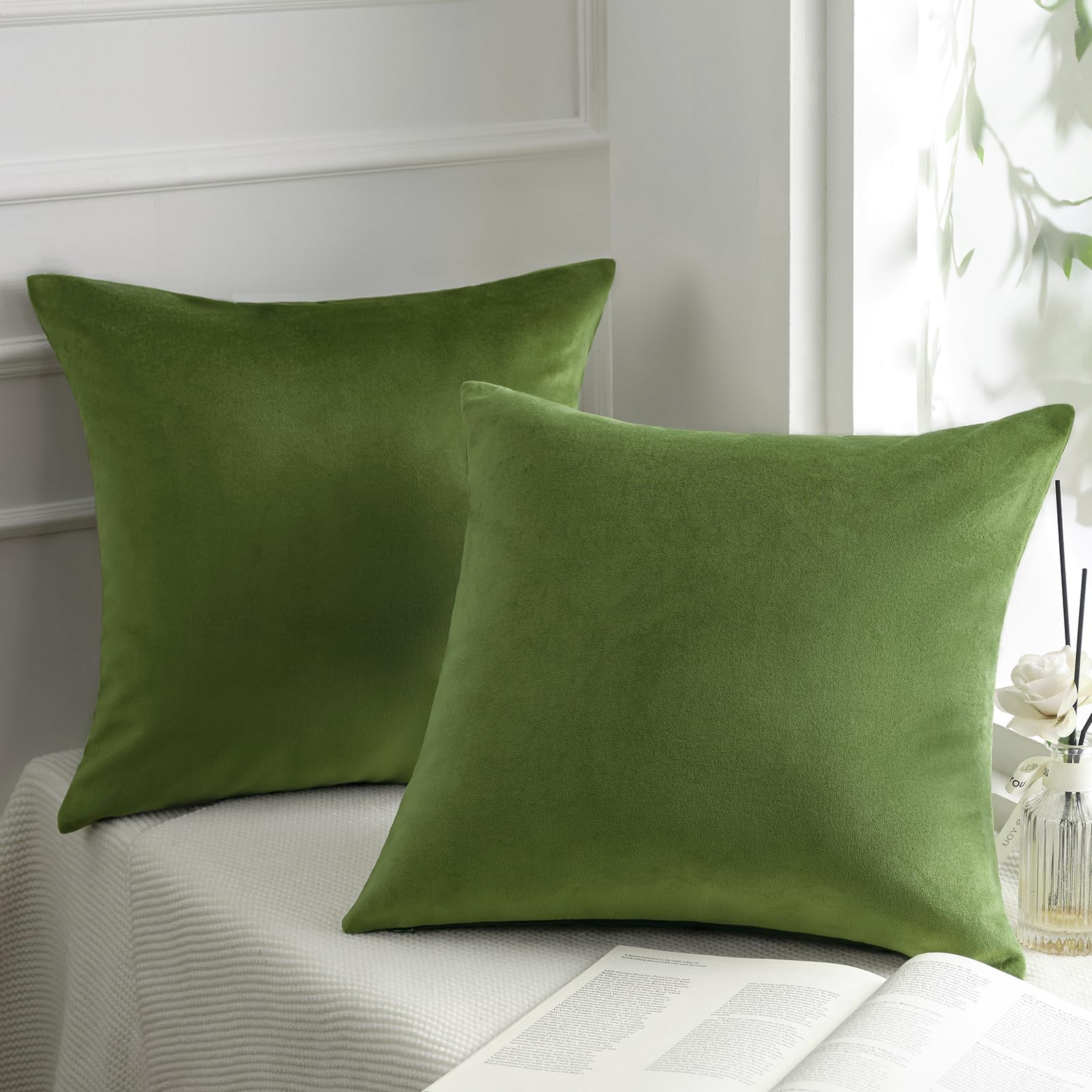 Phantoscope Pack of 2 Velvet Decorative Throw Decorative Pillow Cover Soft Solid Square Cushion Case for Couch Green 26 x 26 inches 65 x 65 cm
