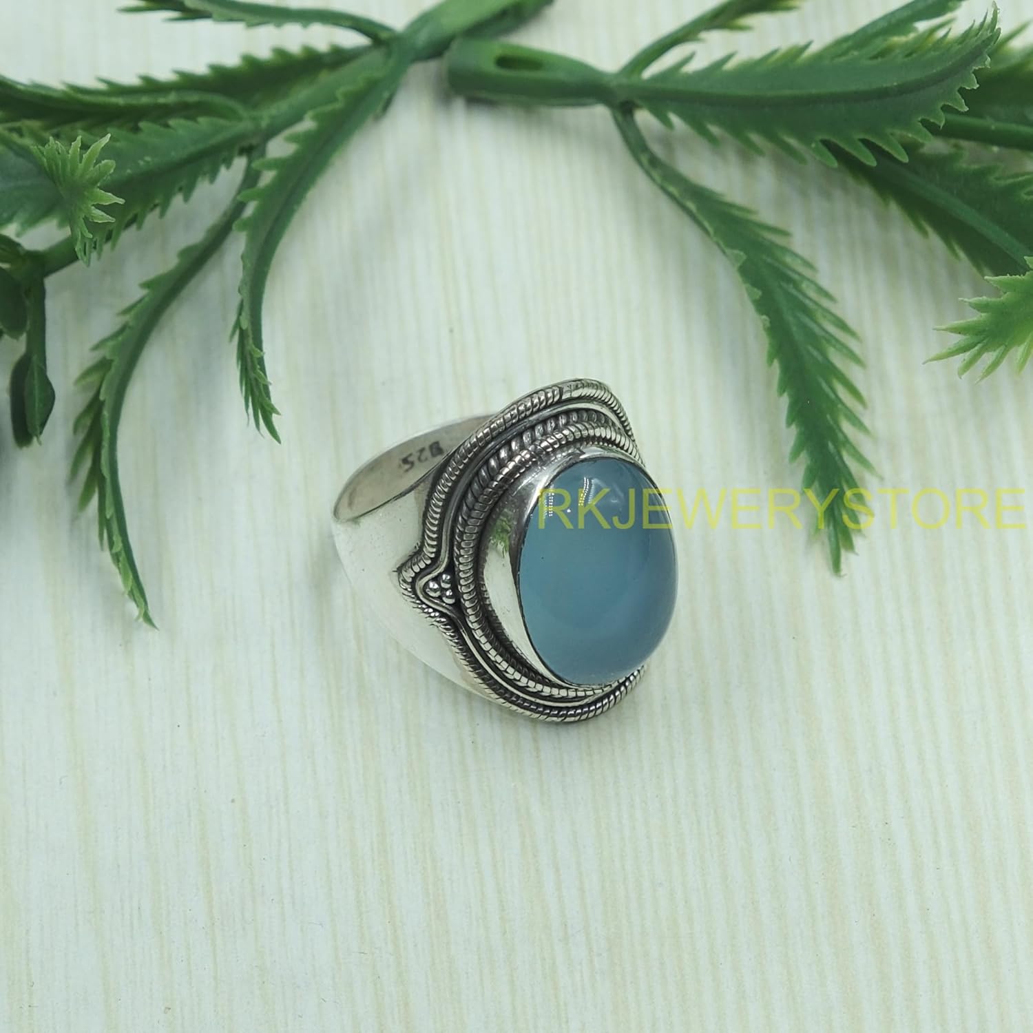 Natural Top Quality Blue Chalcedony Gemstone 925 Sterling Silver Handmade Design Statement Promise Ring Jewelry Gift for Women Girlfriend Wife