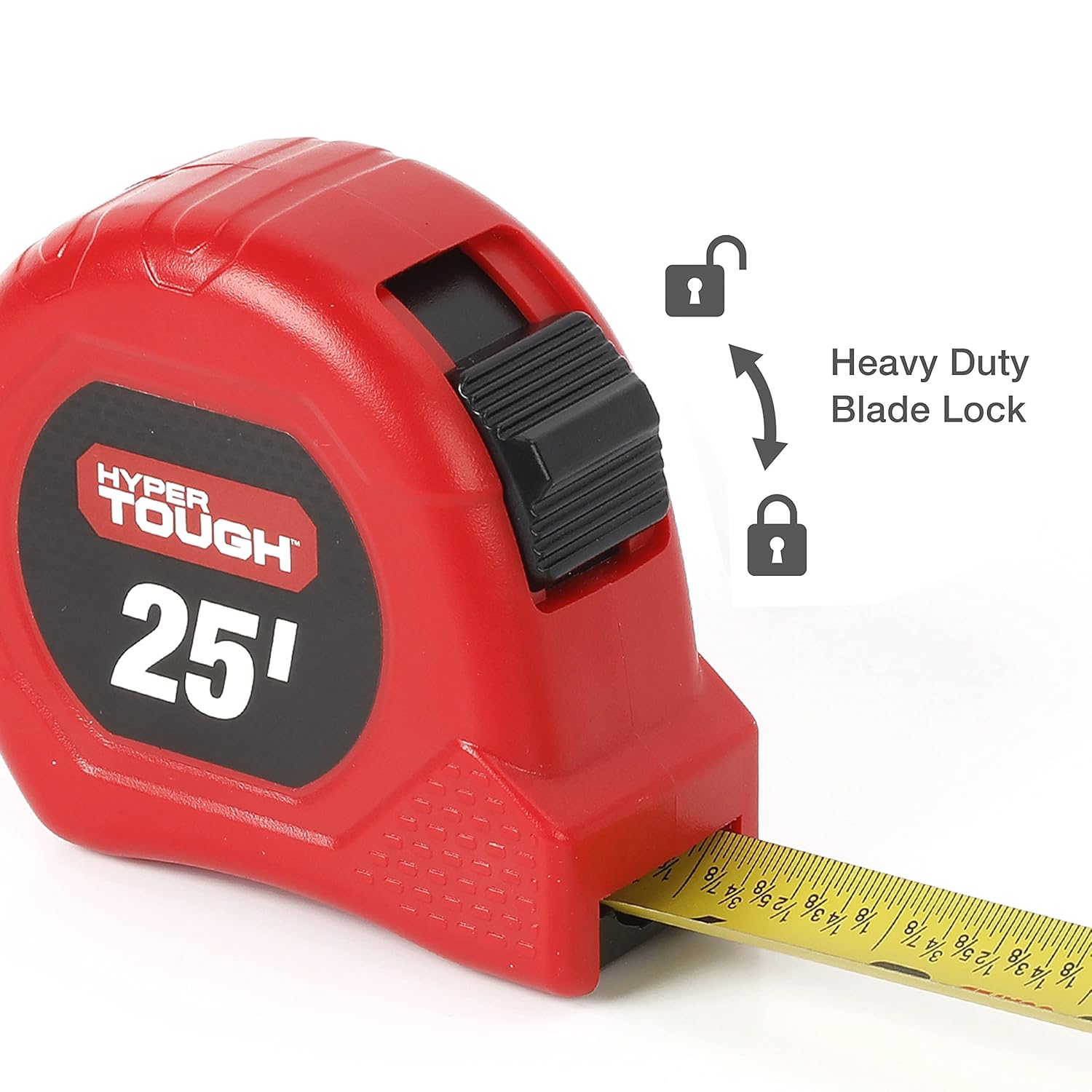 Close-up of the heavy-duty blade lock on the tape measure
