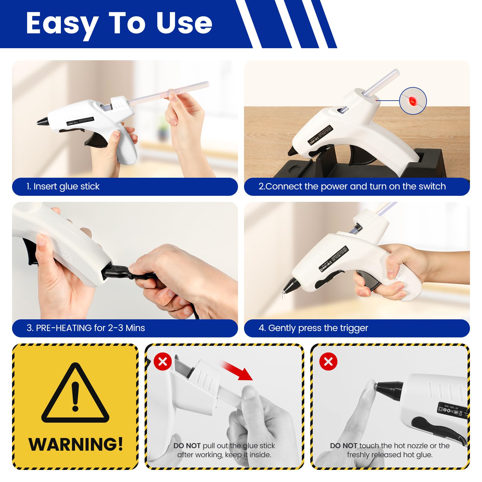 Kit di pistola per colla a caldo con 10 bastoncini di colla a caldo, ad alta temperatura, per lavori scolastici, fai da te e riparazioni rapide a casa, include base, base inclusa, colore bianco