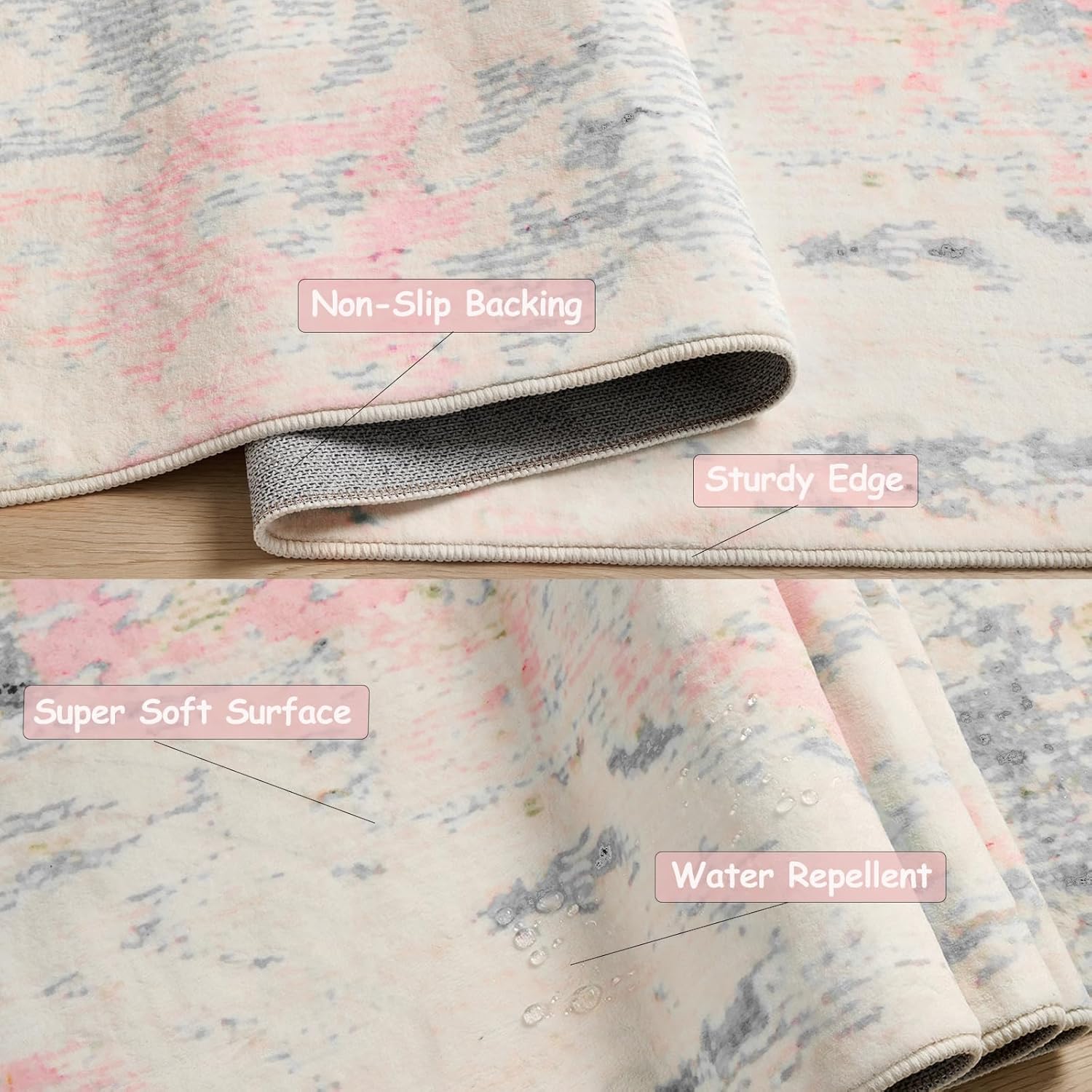 Area Rug 5x7 Pink and Grey Non Slip Washable Rugs for Bedroom Girls, Boho Accent Rug Indoor Vintage Mat Soft Pink Printed Floor Carpet for Nursery Dining Room Living Room