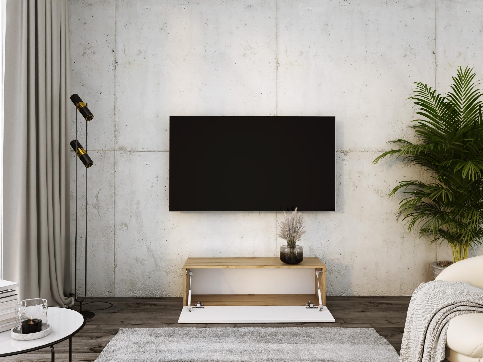 Mueble de TV Colgante, (100 x 34 x 32 cm), Color Roble wotan/Blanco Brillante