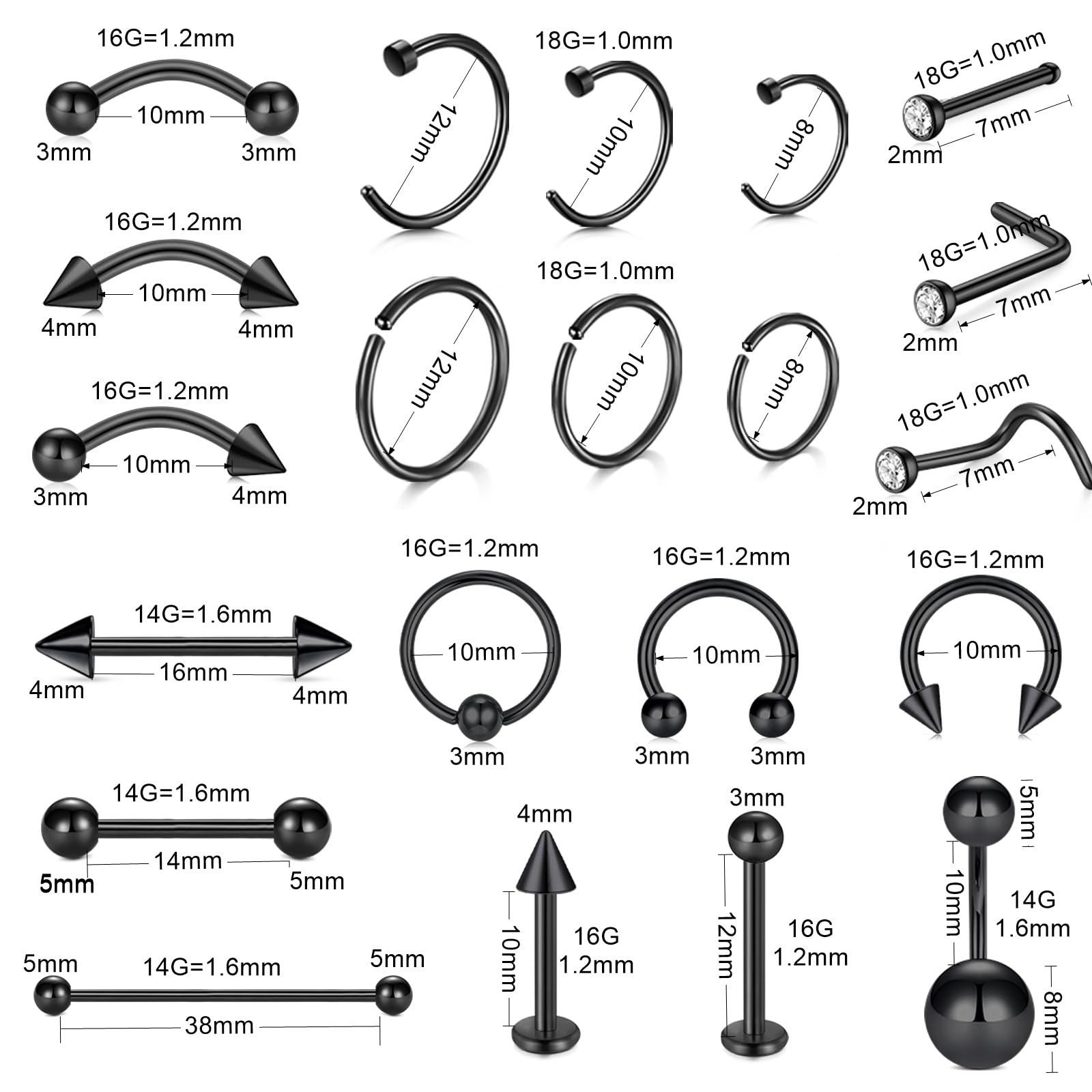 WillTen 100PCS Piercing Kits für alle Piercings, 12G 14G 16G Piercing Set Werkzeuge für Nase Septum Bauchnabel Lippe Zunge Knorpel Ohr Tragus Helix Piercing mit Piercing Schmuck Klemmen Tool Kit