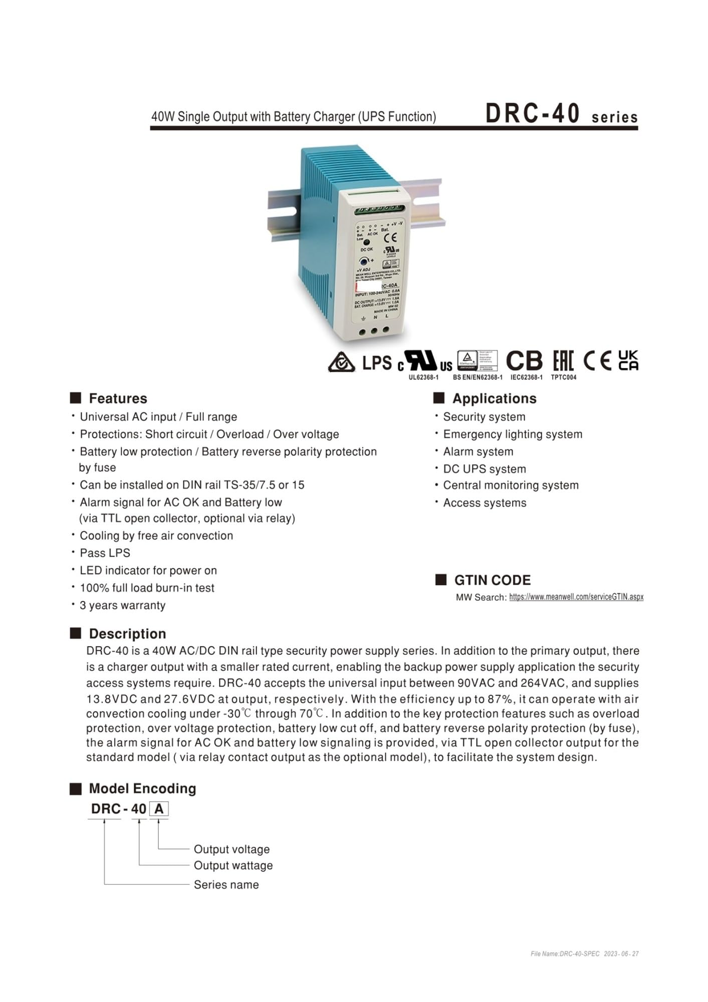 DRC-40 Schaltnetzteil DRC-40A 13,8V DRC-40B 27,6V(DRC-40A 13.8V)