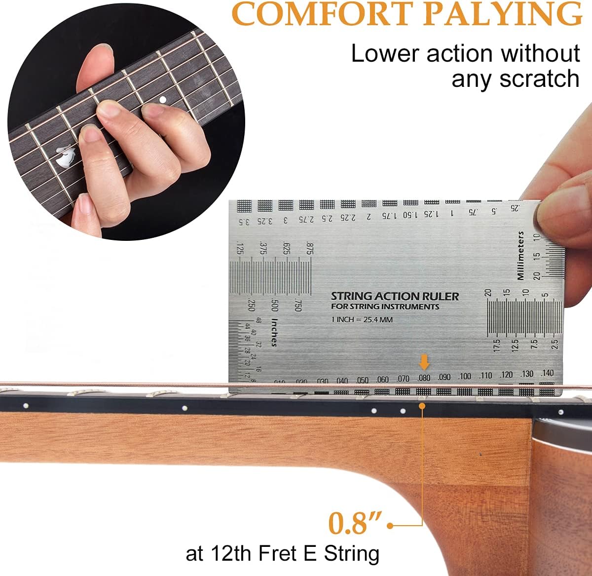 Close-up of guitar strings and fretboard with a string action ruler showing 0.8 inch at 12th fret E string