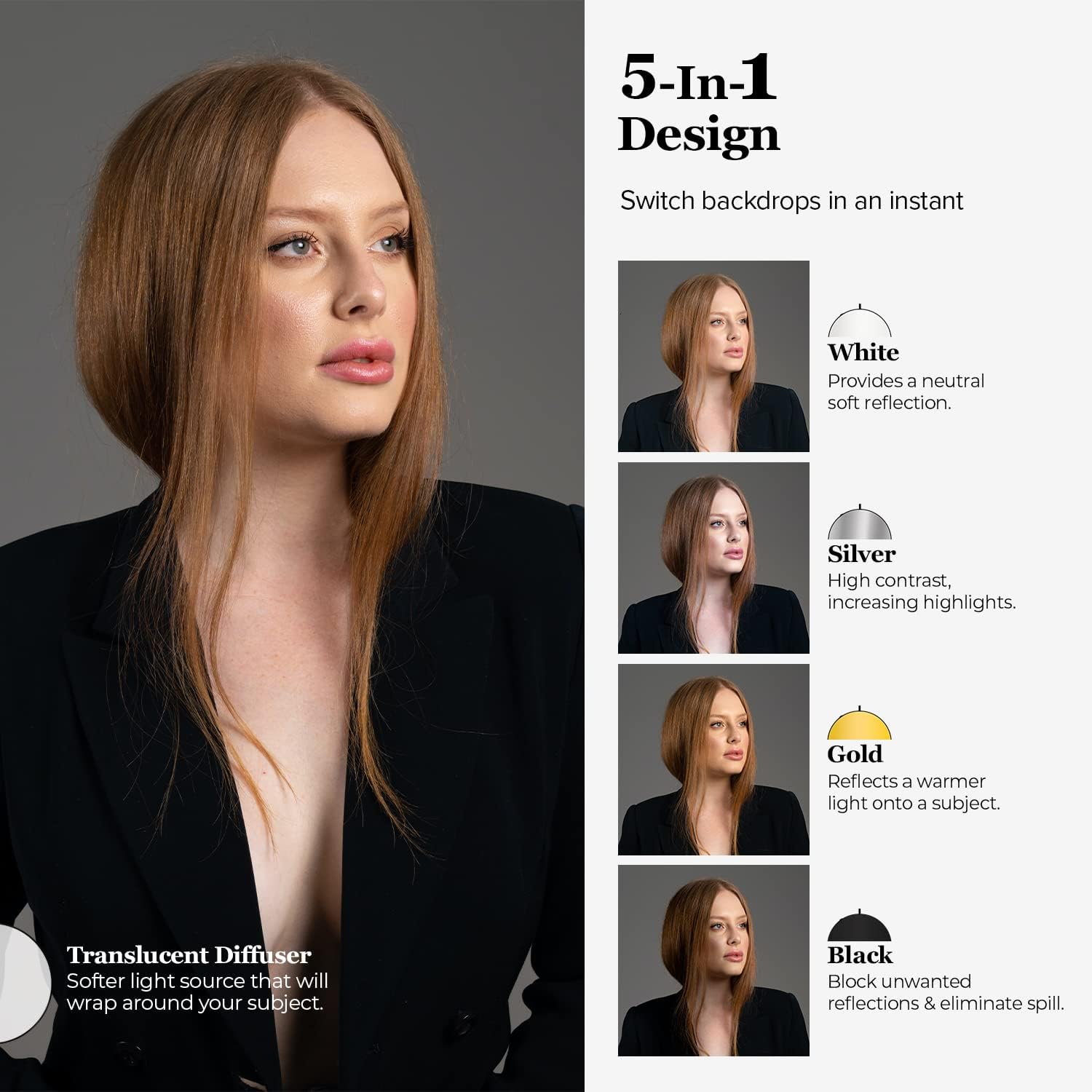 LimoStudio 43" 5-in-1 Photography Collapsible Light Disc Reflector, 5 Colors White, Black, Silver, Gold, Translucent, Photo Studio Light Stand with Reflector Disc Holder Clip, AGG3273