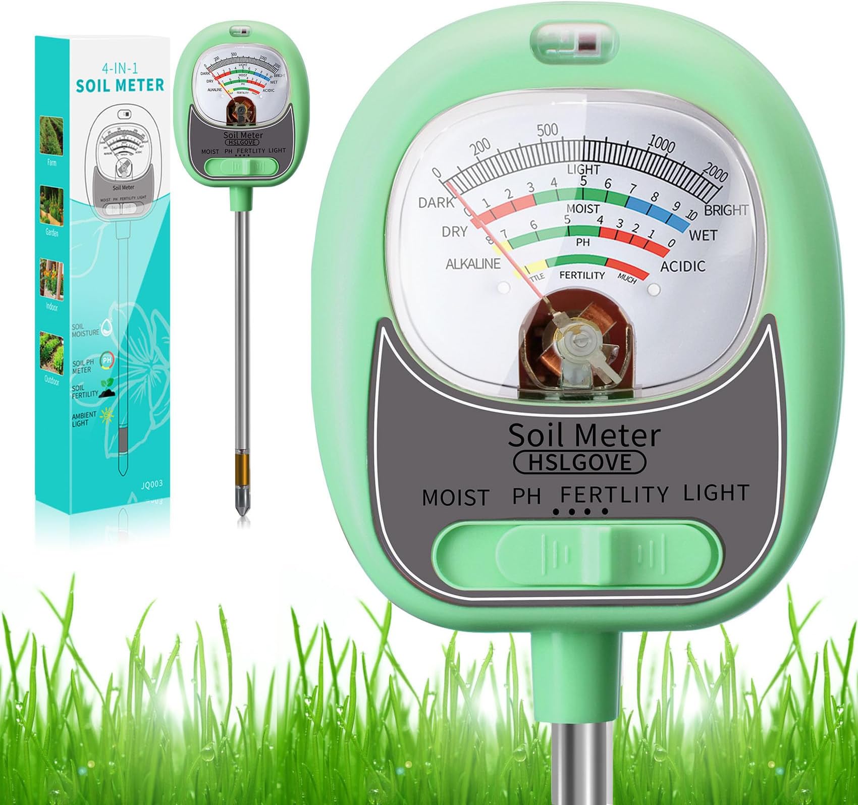 HSLGOVE 4-in-1 Soil Test Kit – Soil Moisture Meter, pH, Fertility & Sun-Light, No Battery Required, Large Dial Soil Tester for Indoor & Outdoor Gardening, Lawn, Farm – BabyGreen