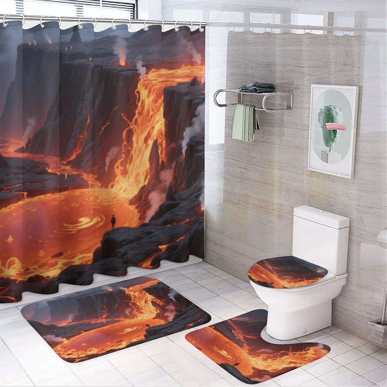 Fiery Canyon Bath Rug Set 4 Piece,Bathroom Accessories Set-Toilet Rugs U Shaped,Toilet Lid Cover,Shower Curtain and Rugs,Ultra Soft, Absorbent,Home Decor