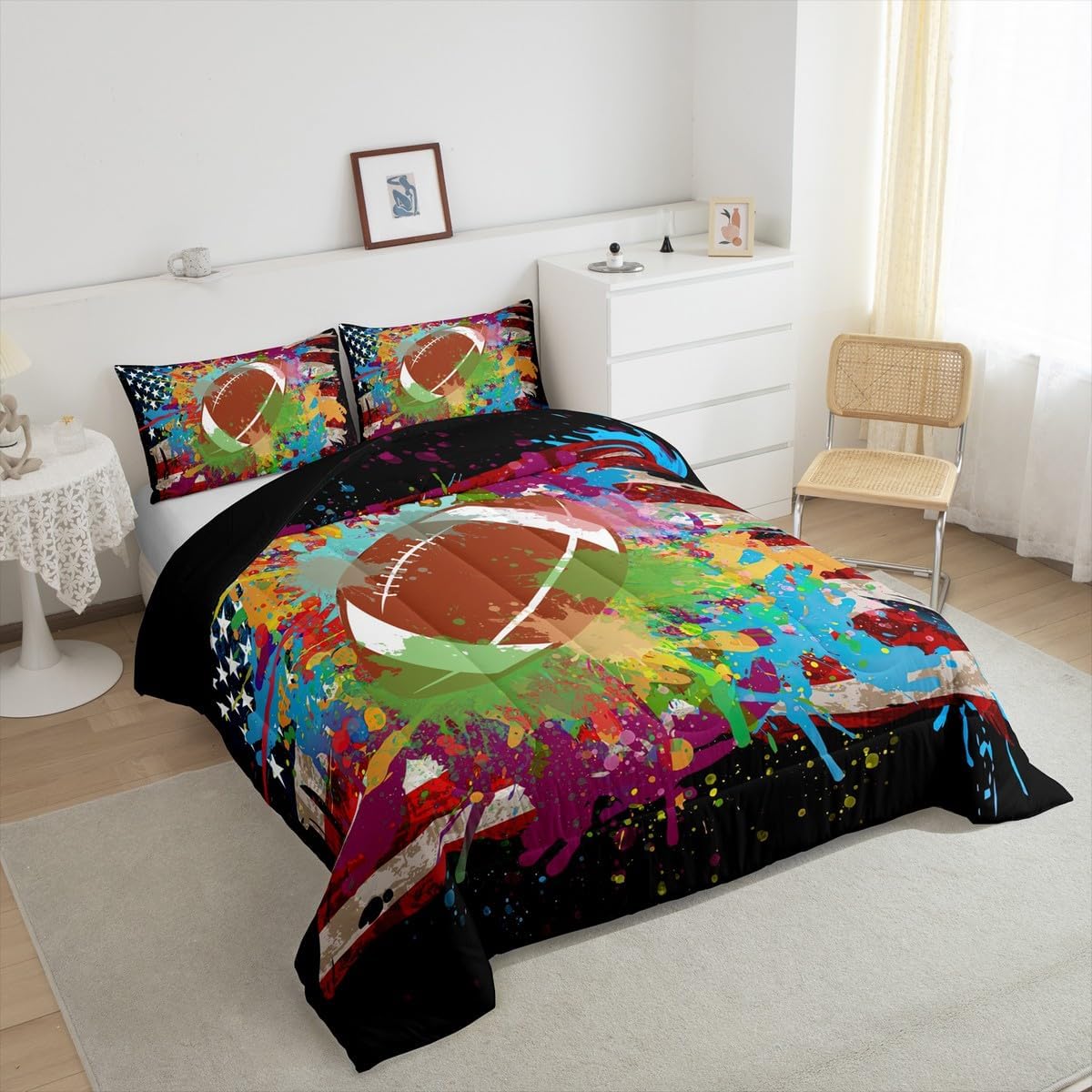 Feelyou American Football Bedding Set Watercolor Sports Theme Paint Football Comforter Set Rugby Sports Comforter Soccer Ball Game Duvet Set Full Size with 2 Pillow Case