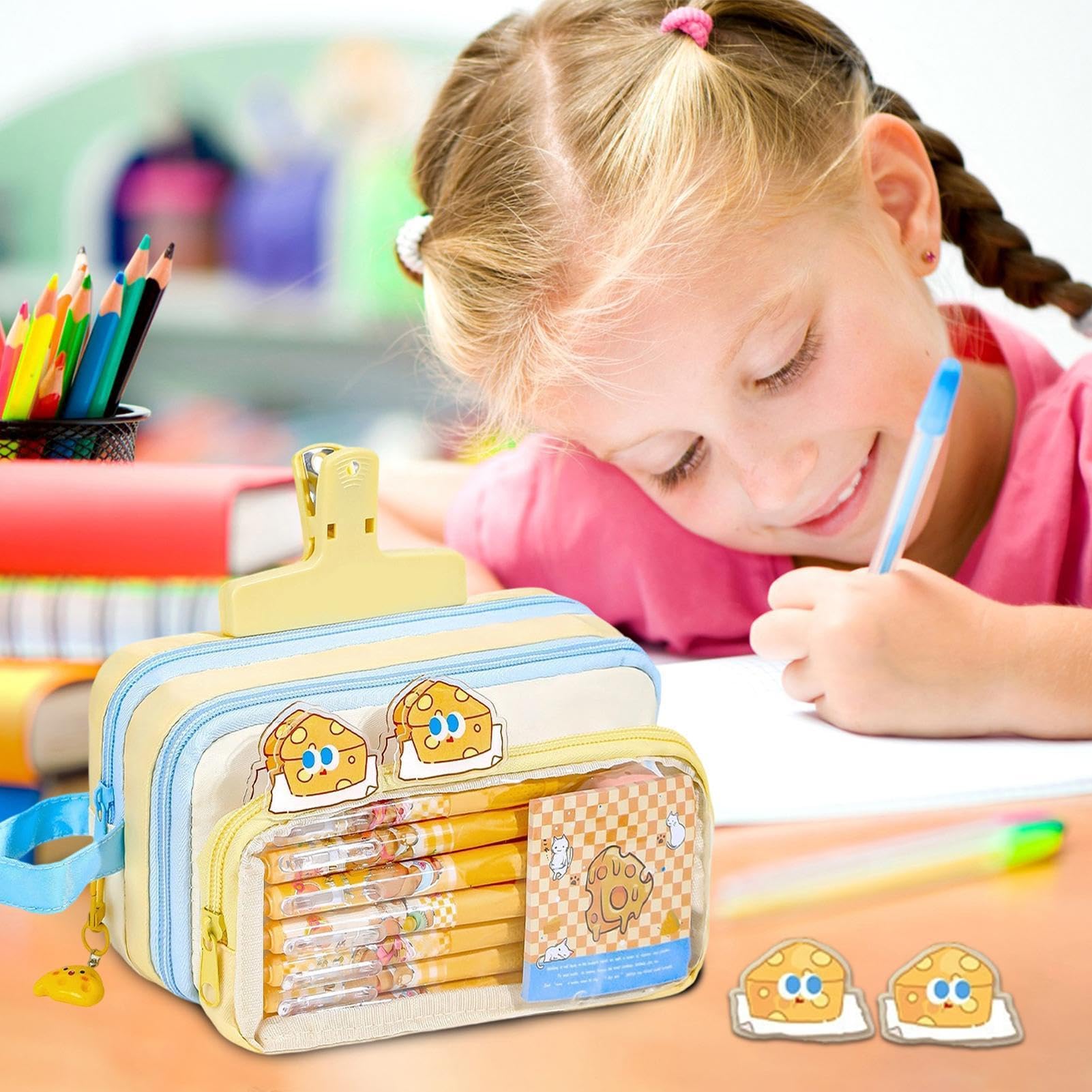 Portamatite con Forniture Scolastiche Cancelleria Cartoon Formaggio 30 | Set Astuccio Cancelleria Per La Giornata Dei Bambini Schizzi Dopo Scuola Classi Del Mattino E Weekend