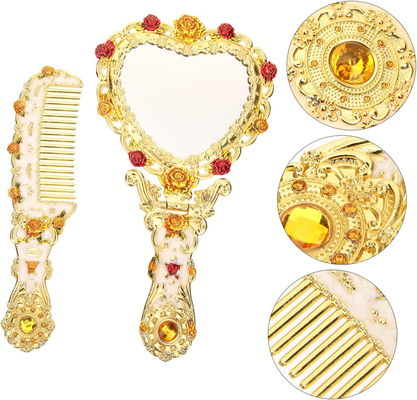 PRETYZOOM 1Set Vintage Handheld Mirror Comb Retro Heart Shaped Portable Cosmetic Mirror for Makeup Travel and Home Use Present for Women and Makeup Artists