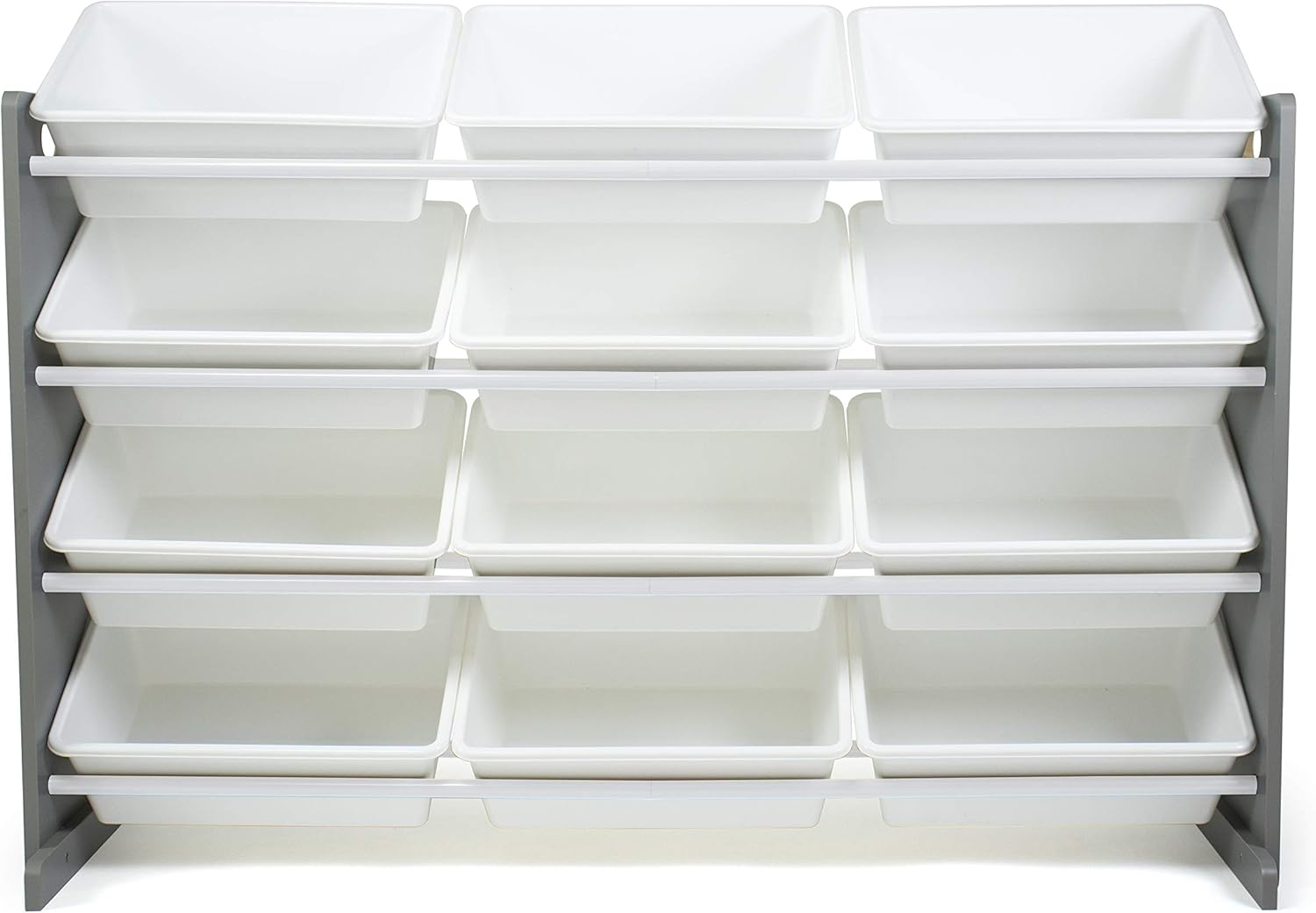Humble Crew 12-Bin Toy Organizer – Extra-Wide Kids’ Storage Rack with Large Plastic Bins, Grey Wood Frame & White Totes, 4-Tier Organizer with Anti-Tip Kit