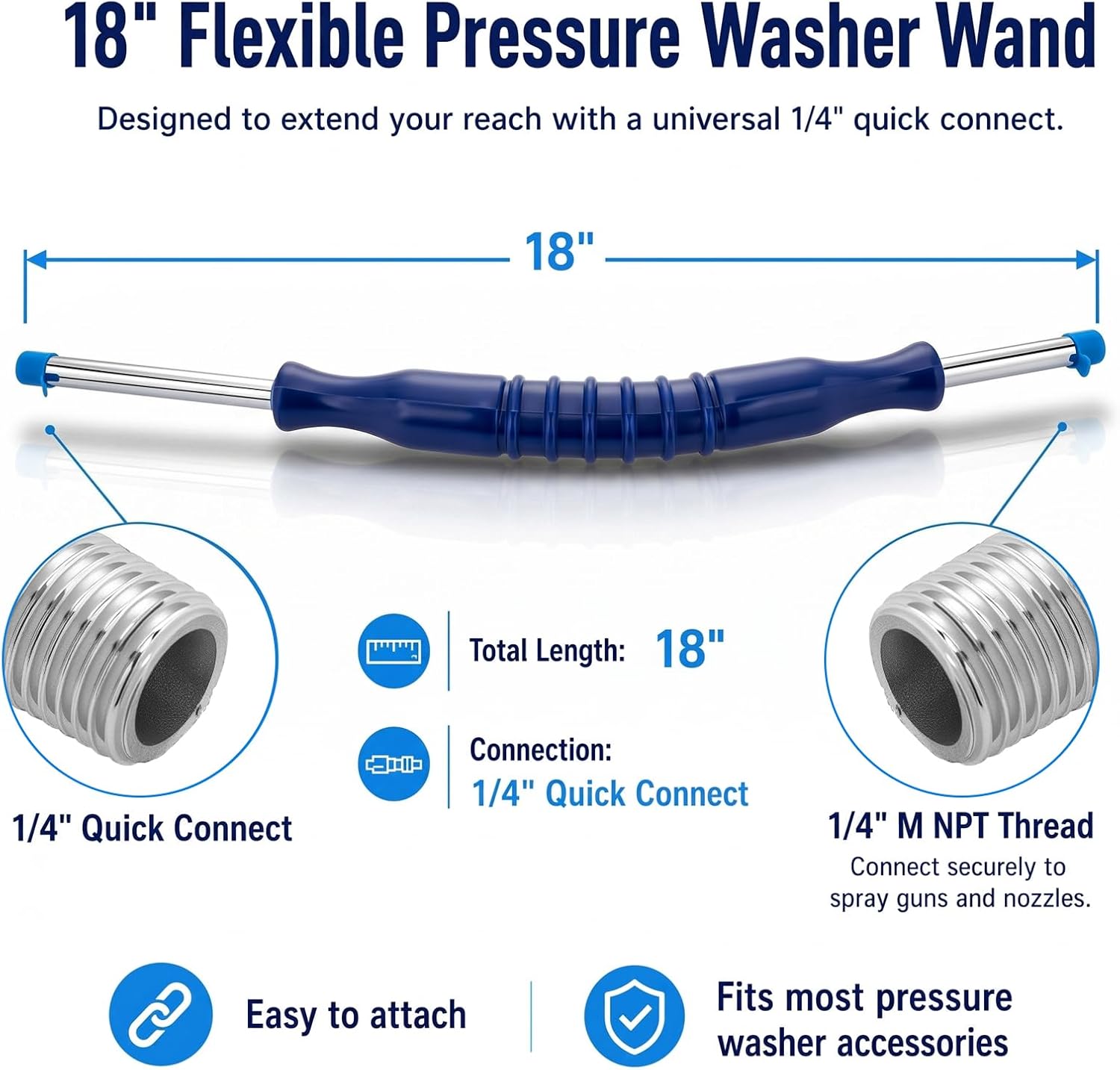 18" Flexible Pressure Washer Extension Wand 2300 PSI Car Gutter Cleaner Wand Ressure Washer Zinc Plated Replacement Accessories for Hard to Reach Areas Roof Deck Window 1/4'' Quick Connect