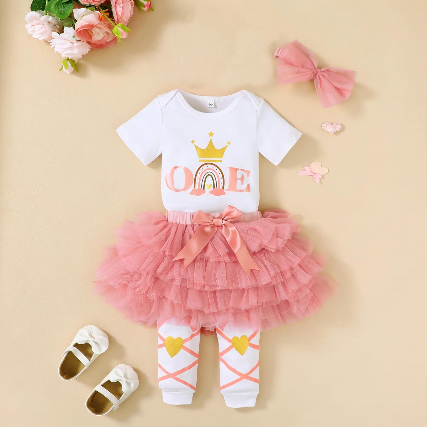 Baby Girl 1st/2 Birthday Outfits ONE Cotton Romper TuTu Lace Skirt Set with Sequins Bowknot Headband - Image 7