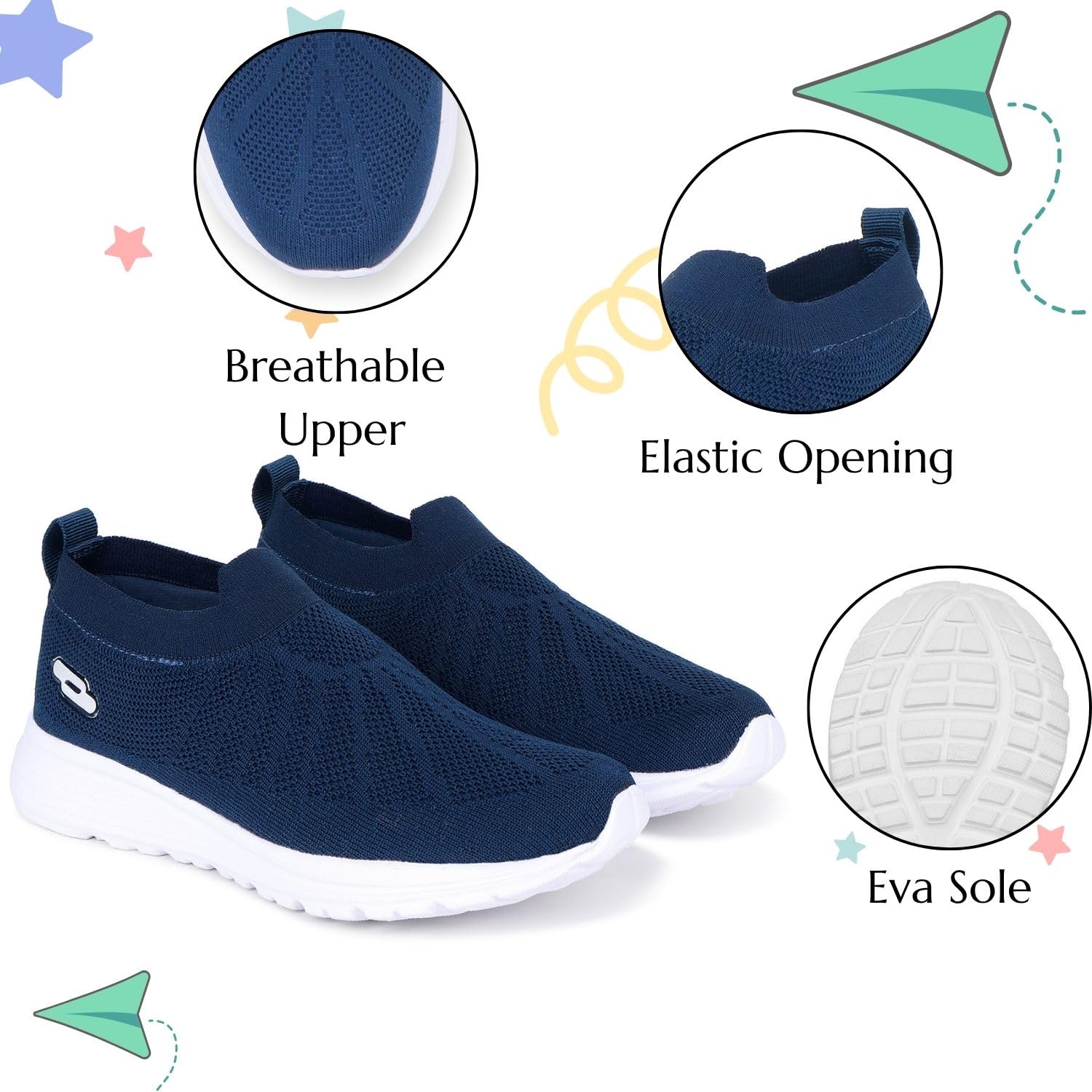 Trase Sports Shoes for Kids - Slip-On Sneakers for Boys & Girls, Lightweight Knitted Breathable Mesh Upper, Soft EVA Sole, Anti-Skid Comfortable Footwear for Running, Walking & Playing (Teal-Blue, 4 UK)