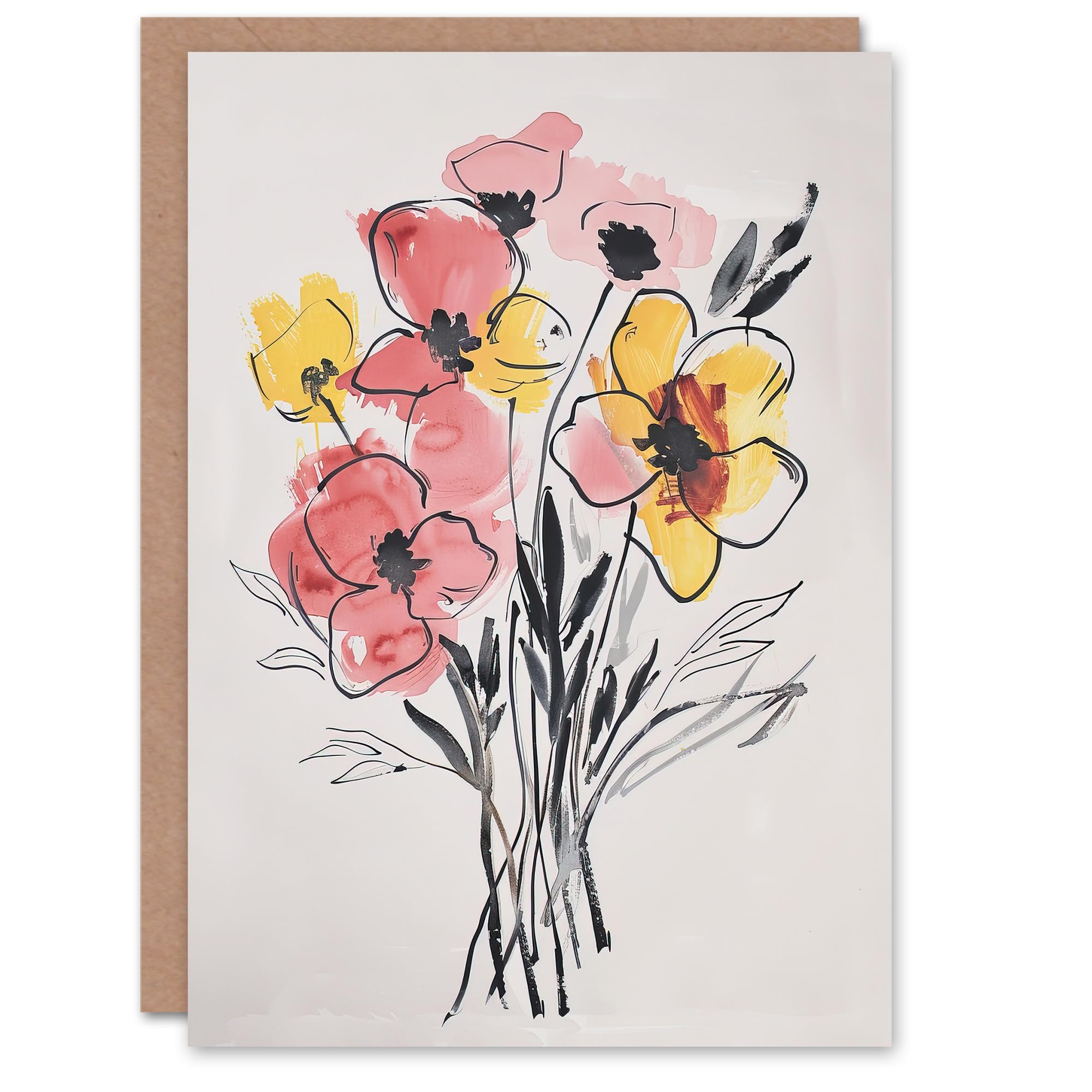 Greeting Card Abstract Flower Bouquet Pastel Yellow Pink Floral Birthday