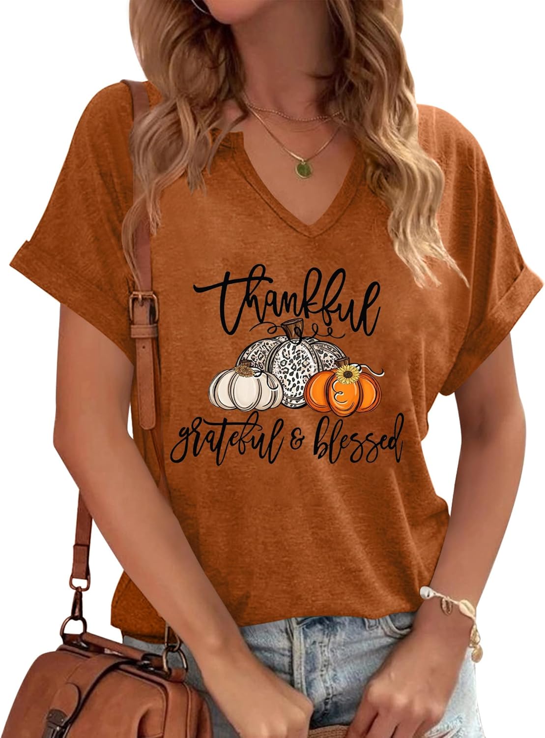 Thanksgiving Shirts for Women V Neck Thankful Shirt Pumpkin Graphic Tshirt Fall Gifts Short Sleeve Tee Tops