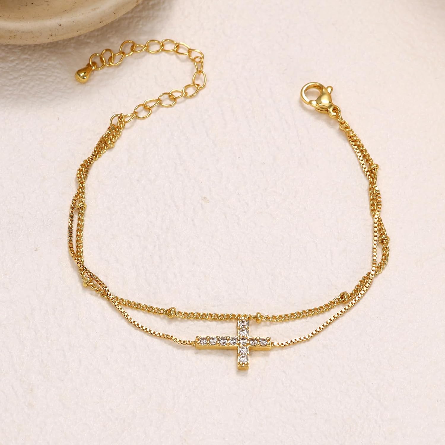 Cross Bracelet for Women,Dainty 14k Gold Plated Bracelets for Women Small Wrist, Trendy Stack Thin Chain Bracelet Gold Jewelry for Womens Baptism Gift - Image 5