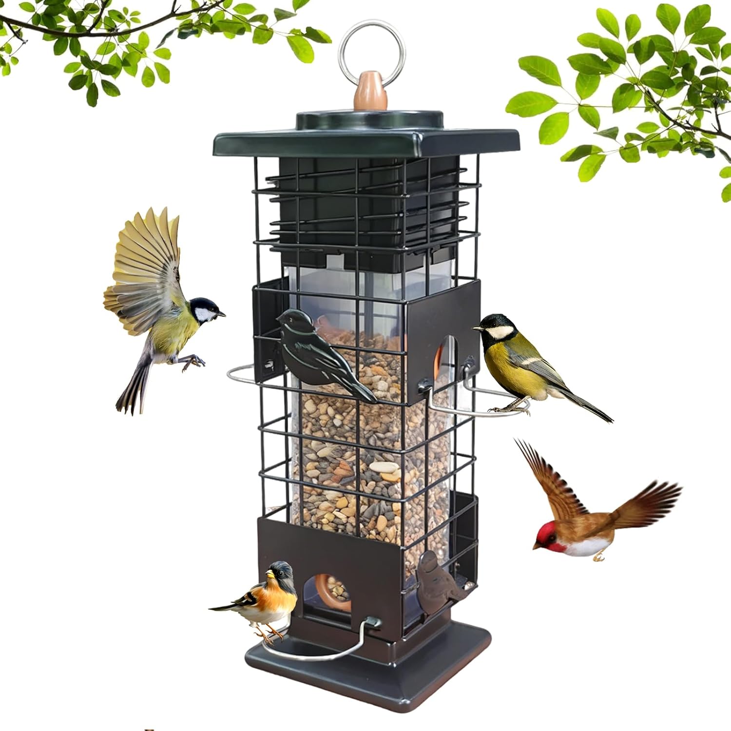 Squirrel Proof Bird Feeders for Outdoors Hanging, Metal Wild Bird Feeder with 4 Feeding Ports | 2.5 LB Capacity, Weather-Resistant for Year-Round Use,Dark Grey