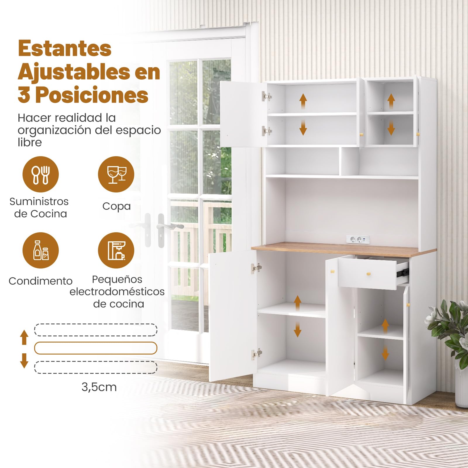 COSTWAY Armario Alacena de Cocina, Aparador Con Tomas de Corriente, Puertos USB, Kits Antivuelco y Estantes Ajustables de 3 Posiciones, Mueble Auxiliar, 100x40x181 cm (Blanco)