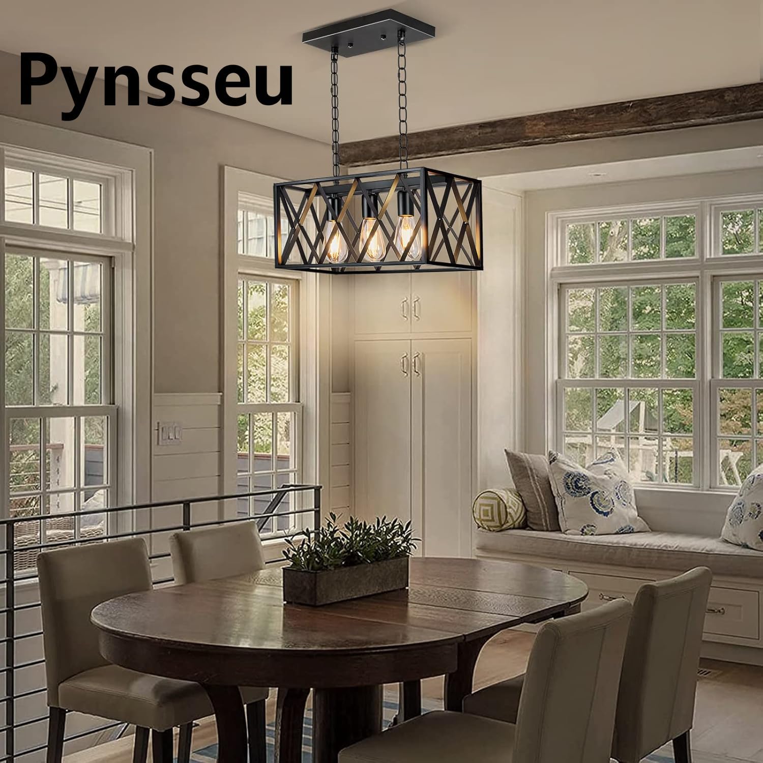 Pynsseu Industrial Kitchen Island Pendant Lighting, Rectangular Vintage Rustic 3-Light Hanging Pendant Light Fixtures for Kitchen Farmhouse, Bar, Dinning Room