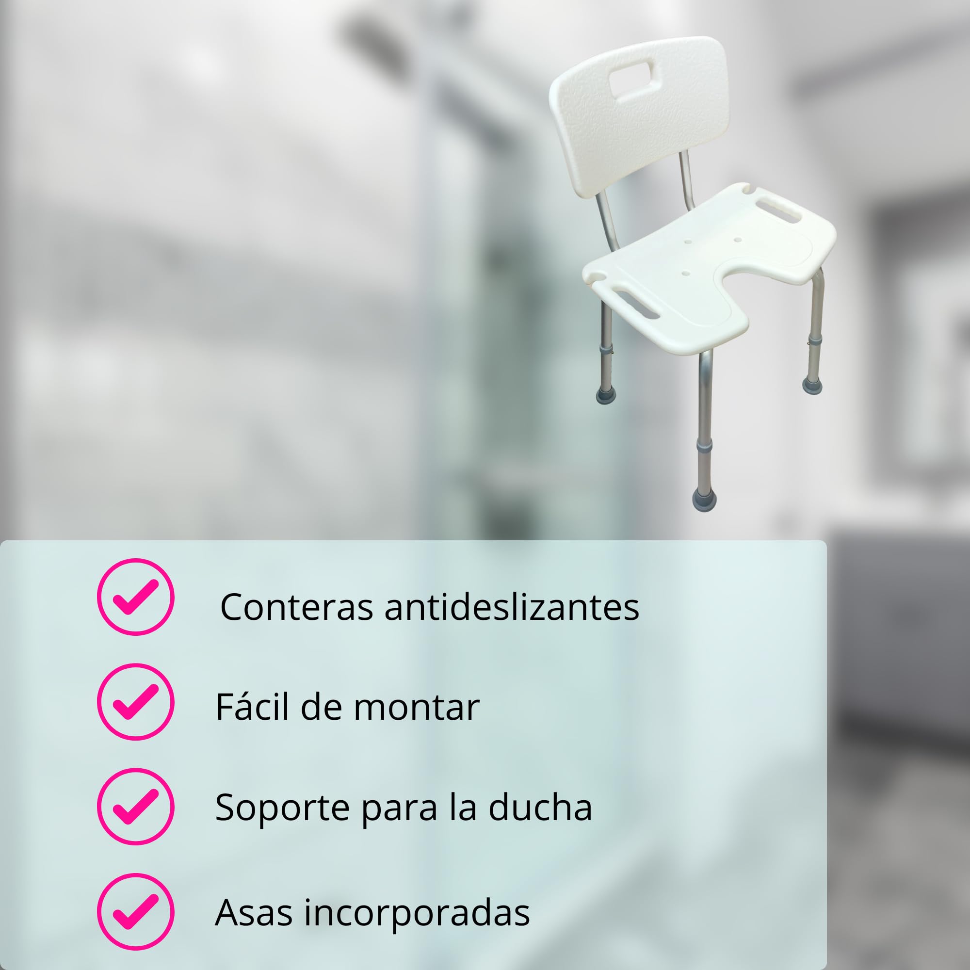 Silla de Ducha para Personas Mayores con Respaldo y Asiento en U | Regulable en Altura | Silla de Baño Antideslizante con Asas | Ayuda para Higiene, Movilidad Reducida y Discapacidad
