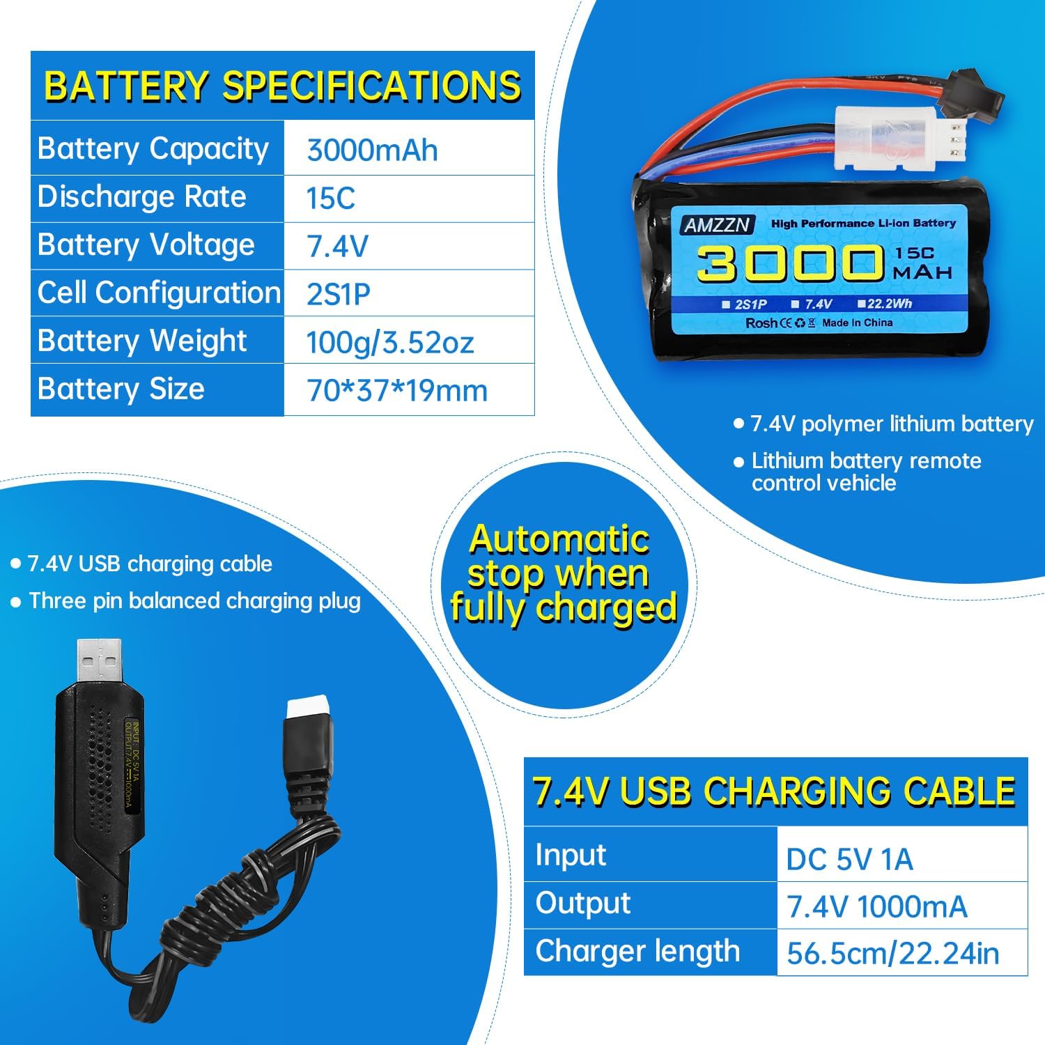 7.4V 3000mAh 15C 2S SM-2P Plug Li-ion Battery with USB Charging Cable for RC Ship, Car, Truck, Boat, Drone