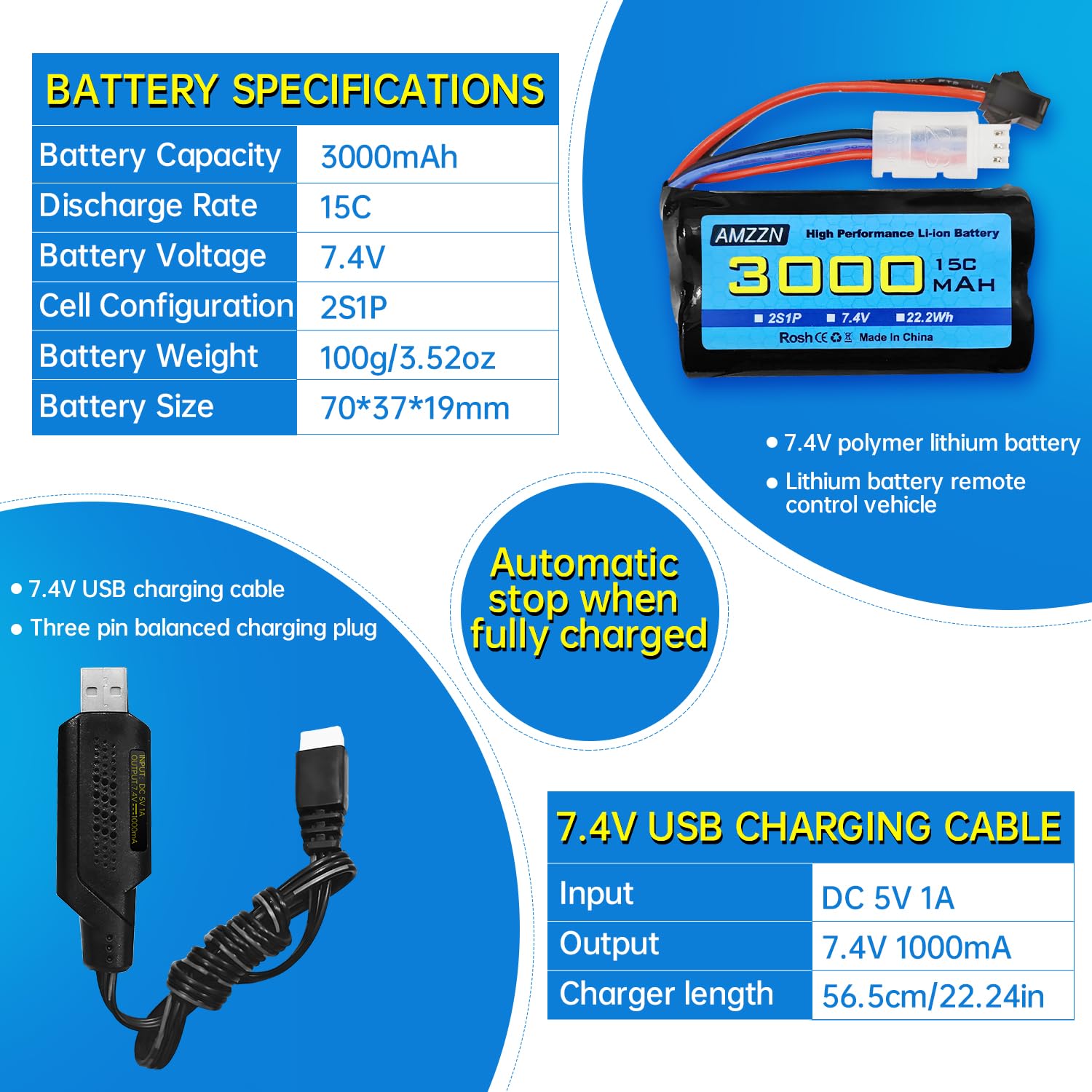AMZZN – 2 Batteries LiPo 7.4V 3000mAh 15C Avec Chargeur 2-en-1 – Pour Voitures, Navires Et Drones RC