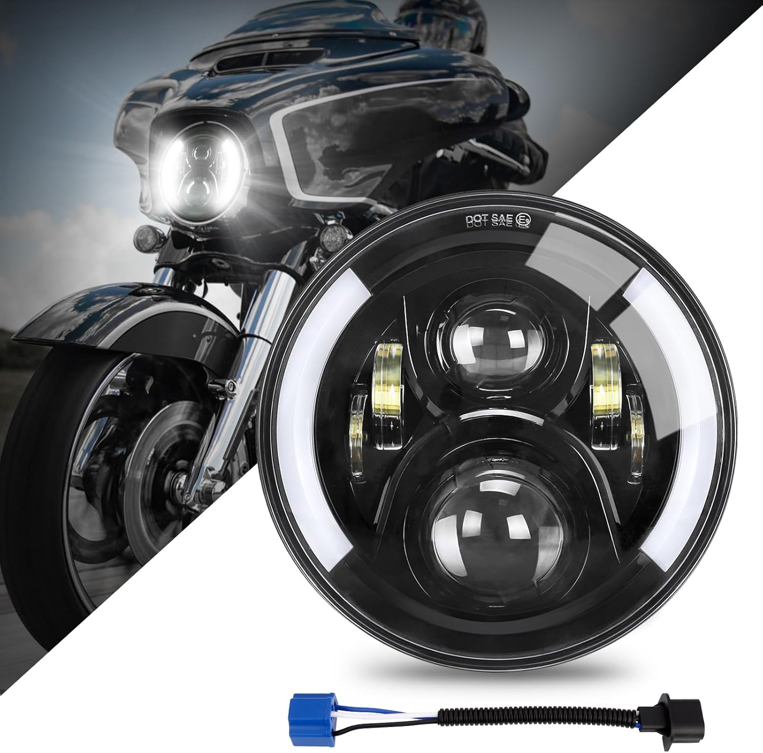 SUPAREE 7 Inch LED Motorcycle Headlight with Turn Signal: Black Motorcycle Headlight Compatible with Touring Road King Ultra Classic Electra Street Glide Tri Cvo Heritage Softail Slim Deluxe Fatboy
