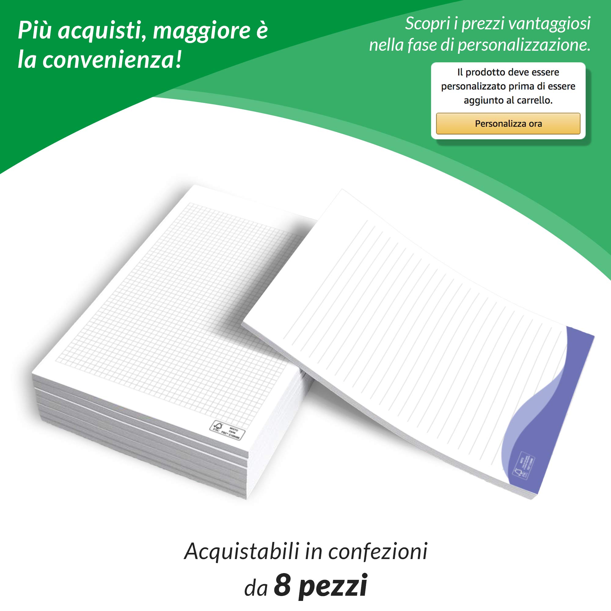 Blocco Note A4 da 50 fogli 80gr con logo aziendale - gommati in testa, quaderno block notes per scrivere appunti (A4, Pacco da 32 blocchi)
