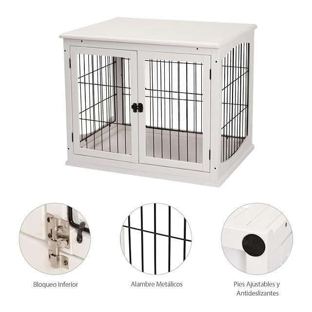 Foto 5 de 8 de PawHut Jaula para Perros de Madera con Superficie de Mesa 2 Puertas y Rejillas de Metal 81x58,5x66 cm Blanco